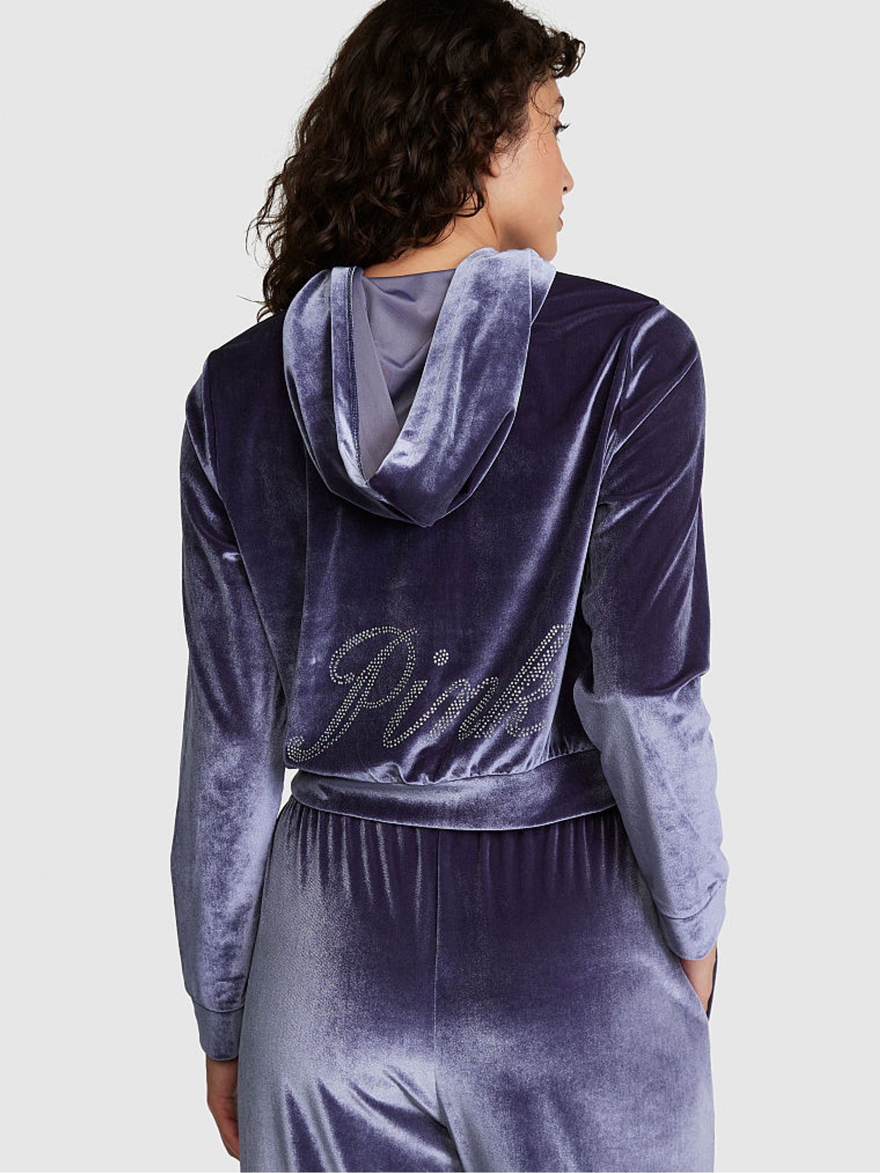 Midnight Navy Blue Velour Logo Shine Hoodie | Victoria