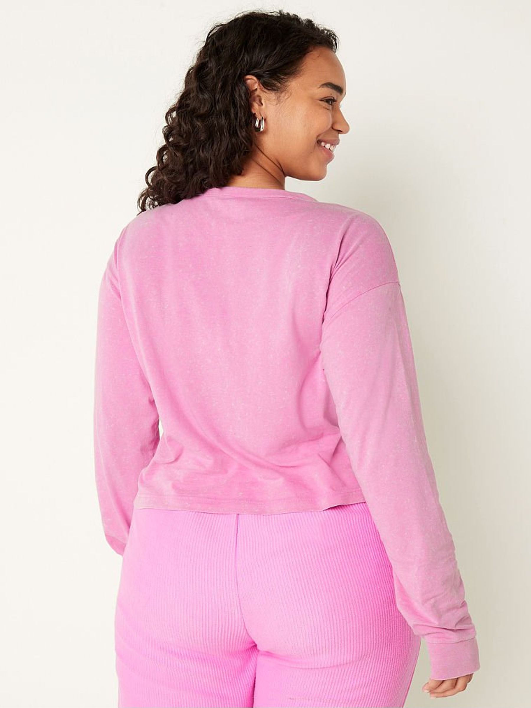 Pink Bloom Cotton Cropped Long Sleeve Campus Henley TShirt - Image 2 of 4 Pink Bloom Cotton Cropped Long Sleeve Campus Henley TShirt - Image 2 of 4