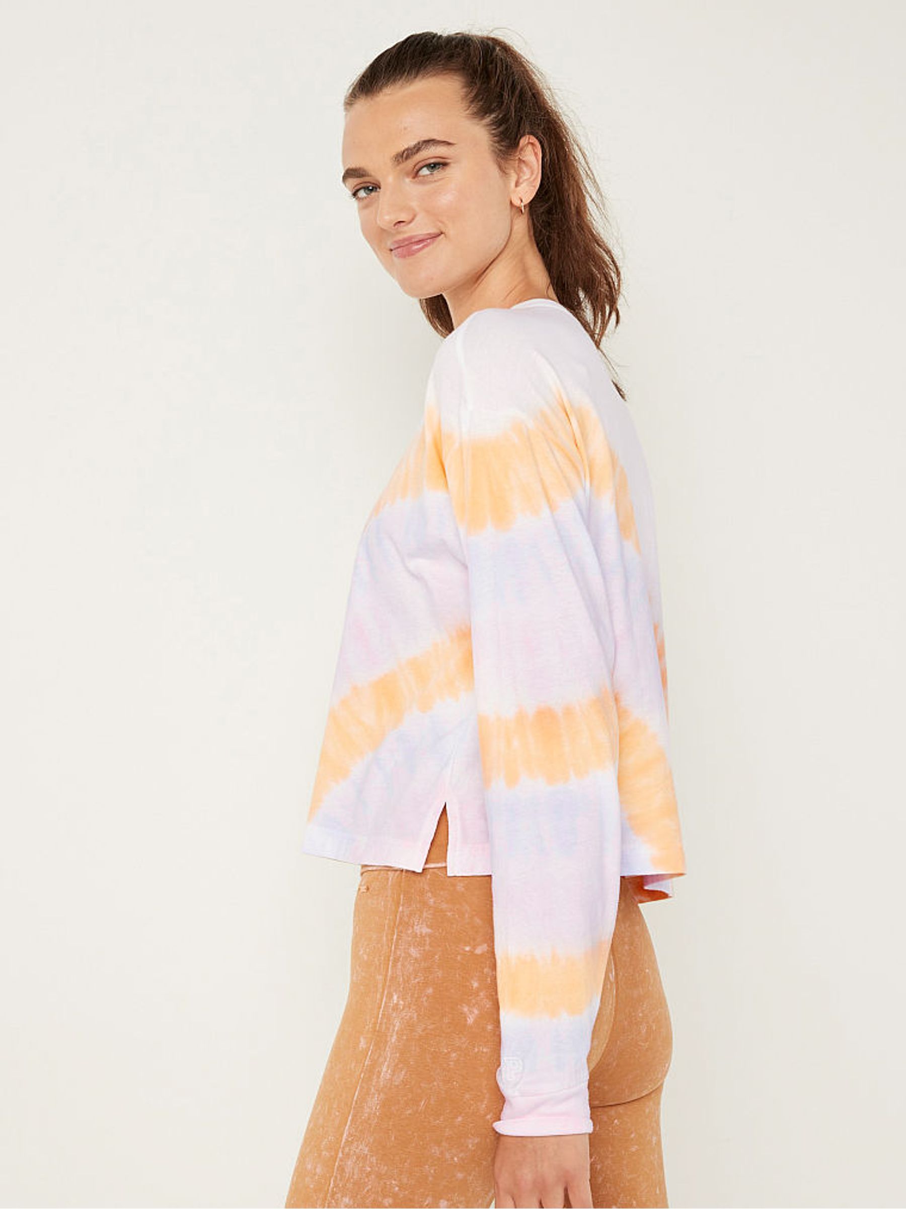 White With Placed Tie Dye Cotton Cropped Long Sleeve Campus Henley TShirt - Image 2 of 4 White With Placed Tie Dye Cotton Cropped Long Sleeve Campus Henley TShirt - Image 2 of 4