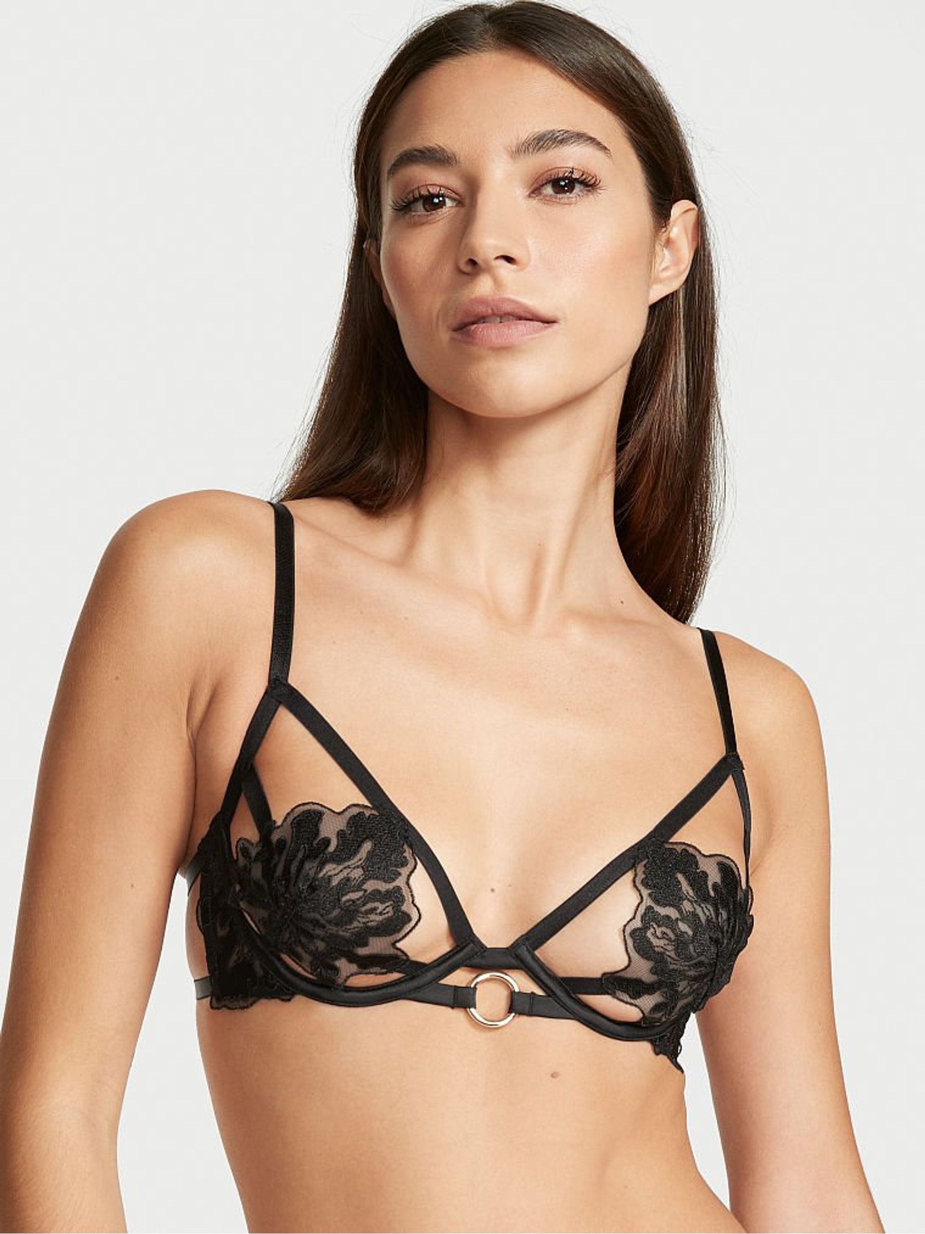 Black Embroidered Unlined Demi Bra - Image 1 of 4