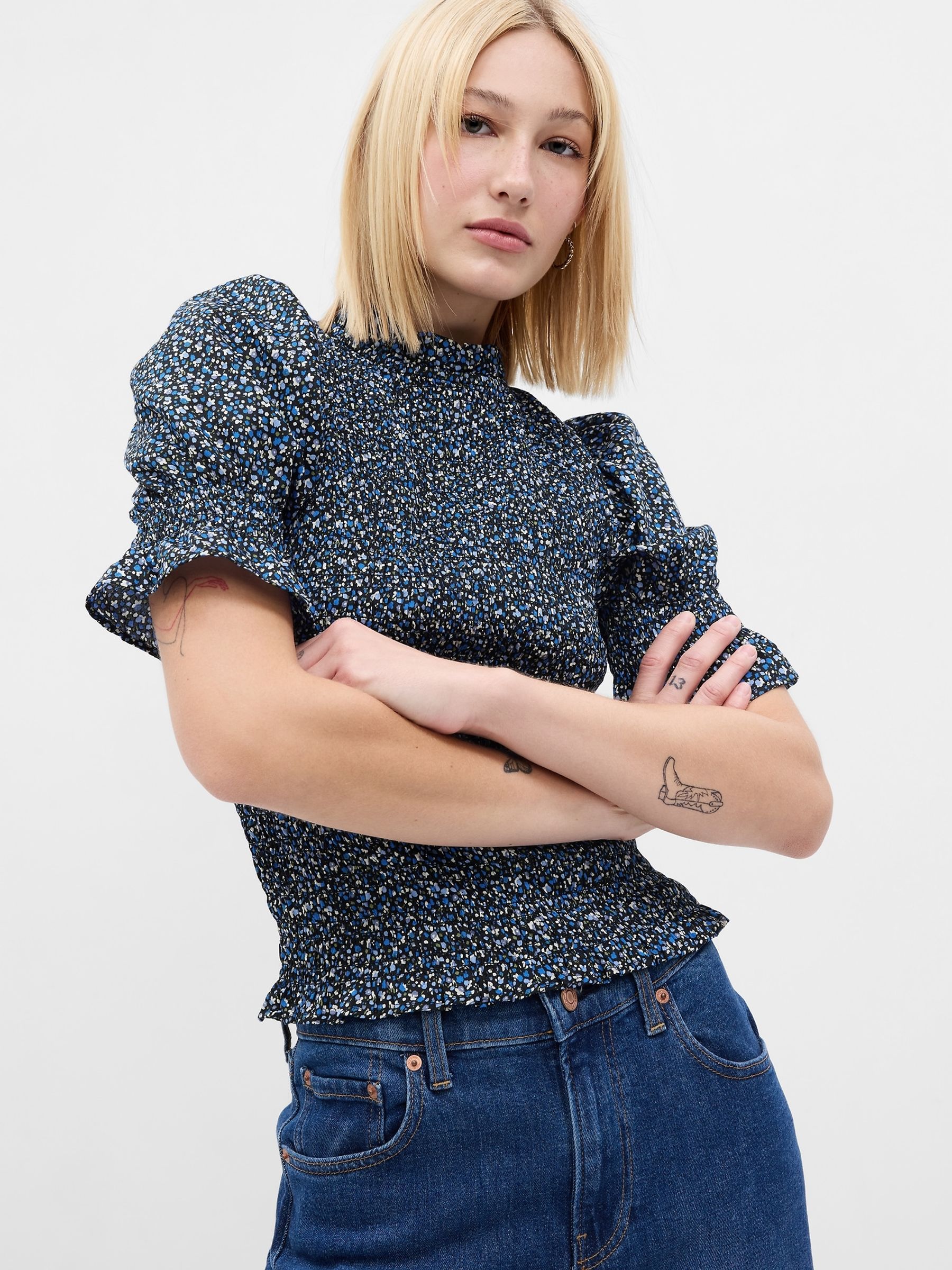 Blue Smocked Puff Short Sleeve Top - Image 1 of 2