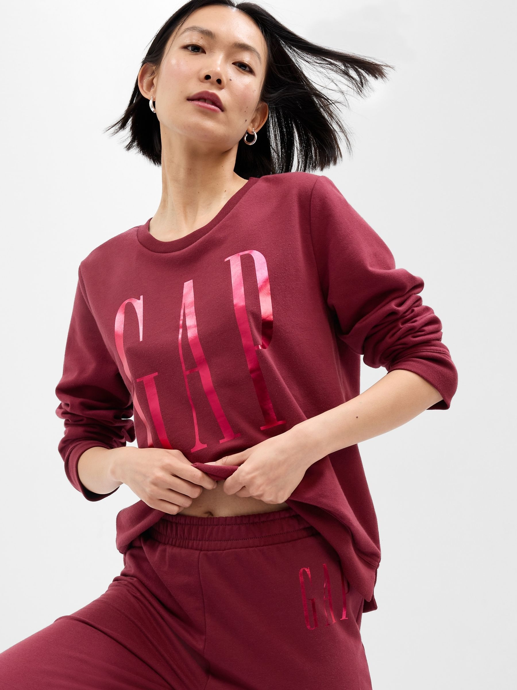 Burgundy Red Metallic Logo Long Sleeve Crewneck Sweatshirt - Image 1 of 2