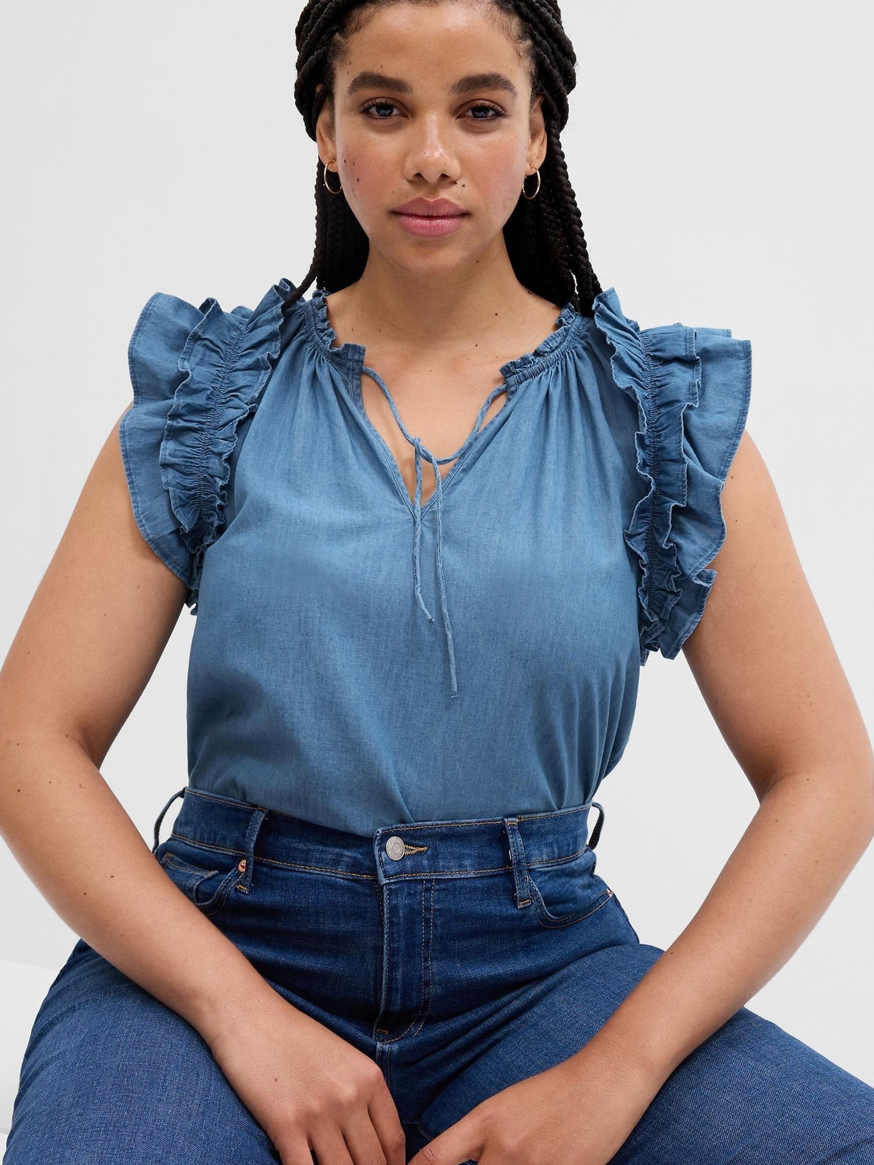 Blue Relaxed Short Sleeve Ruffle Top - Image 1 of 4