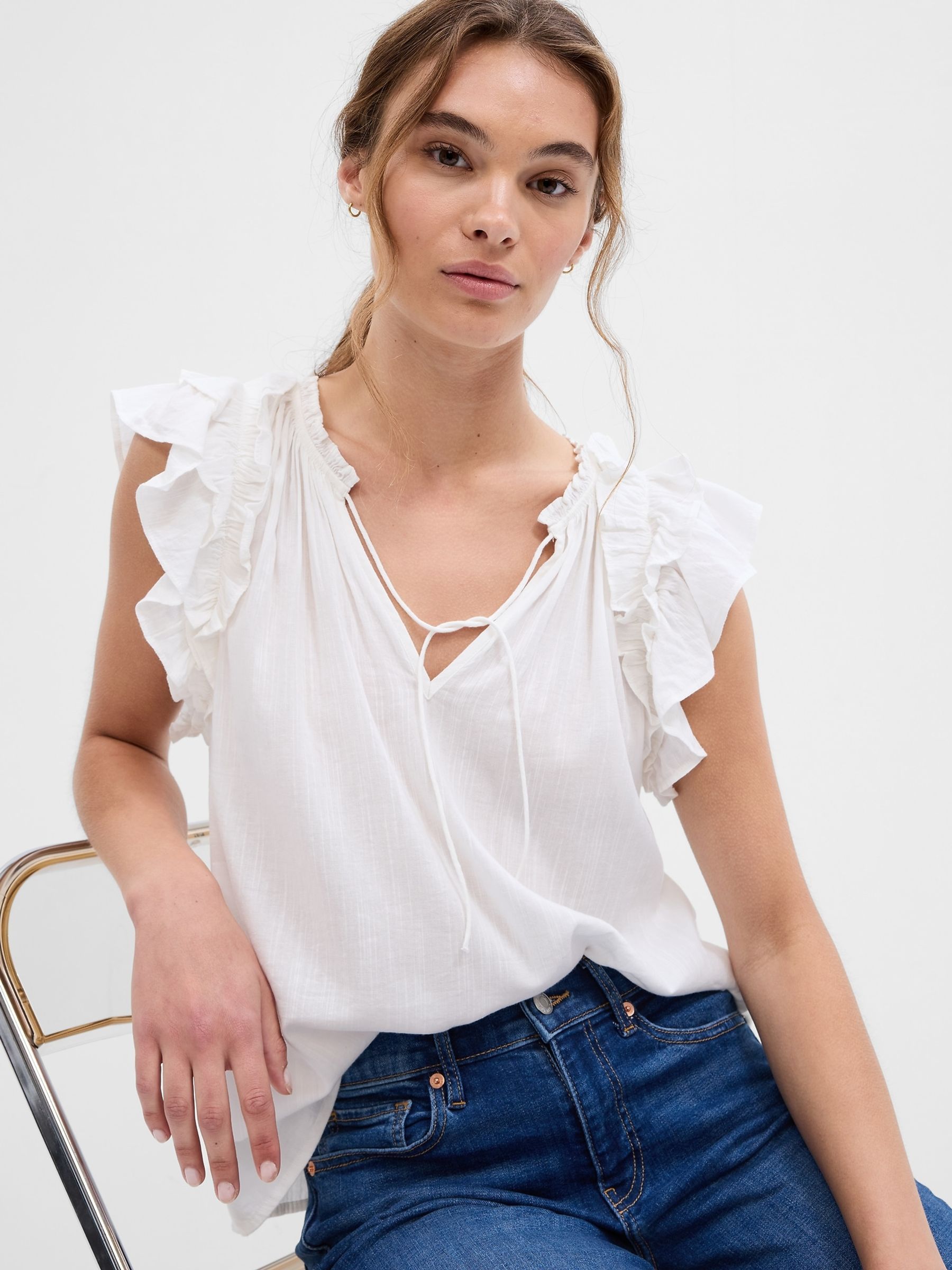 White Relaxed Short Sleeve Ruffle Top - Image 1 of 2