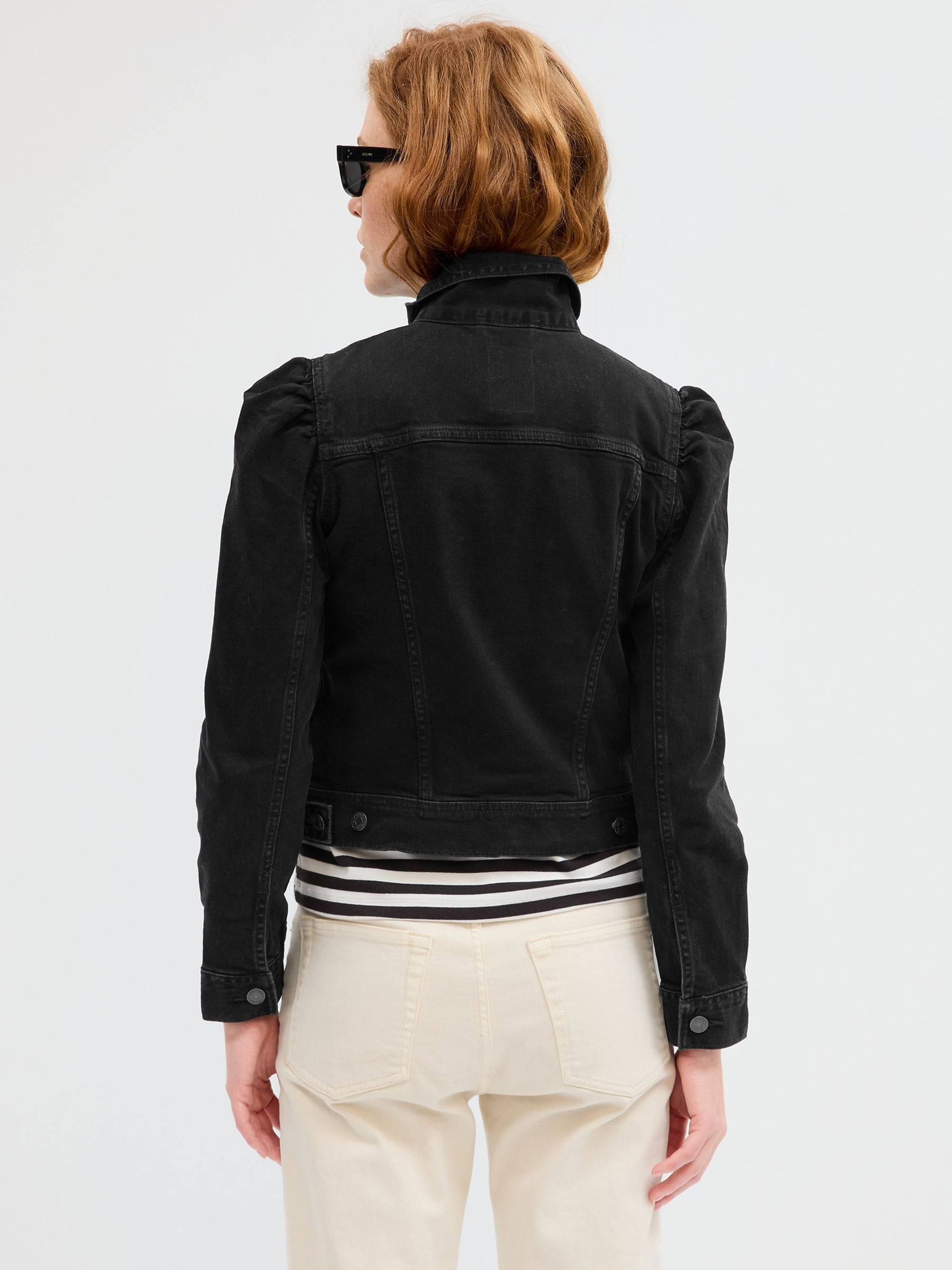 Black Puff Sleeve Denim Jacket - Image 2 of 5