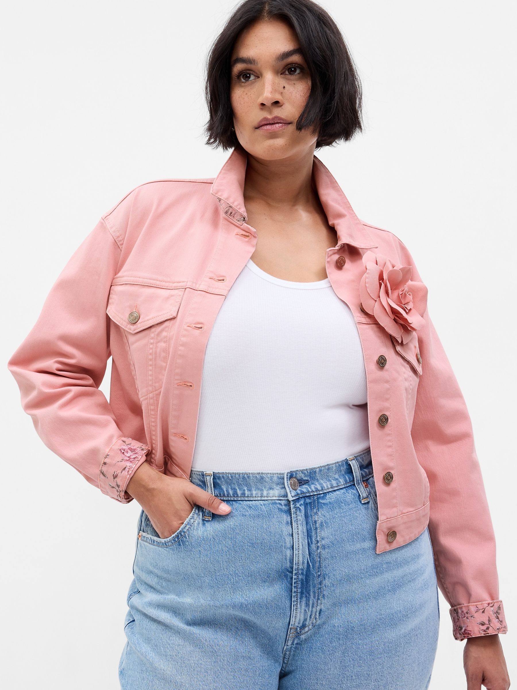 Pink LoveShackFancy Rosette Icon Denim Jacket - Image 1 of 5