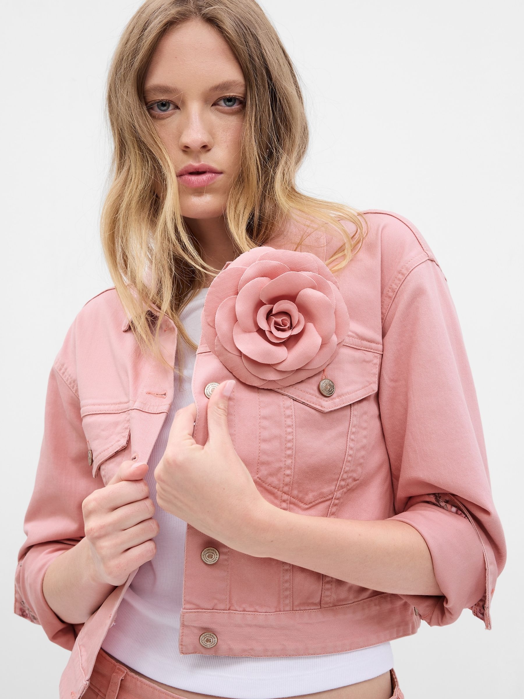 Pink LoveShackFancy Rosette Icon Denim Jacket - Image 4 of 5