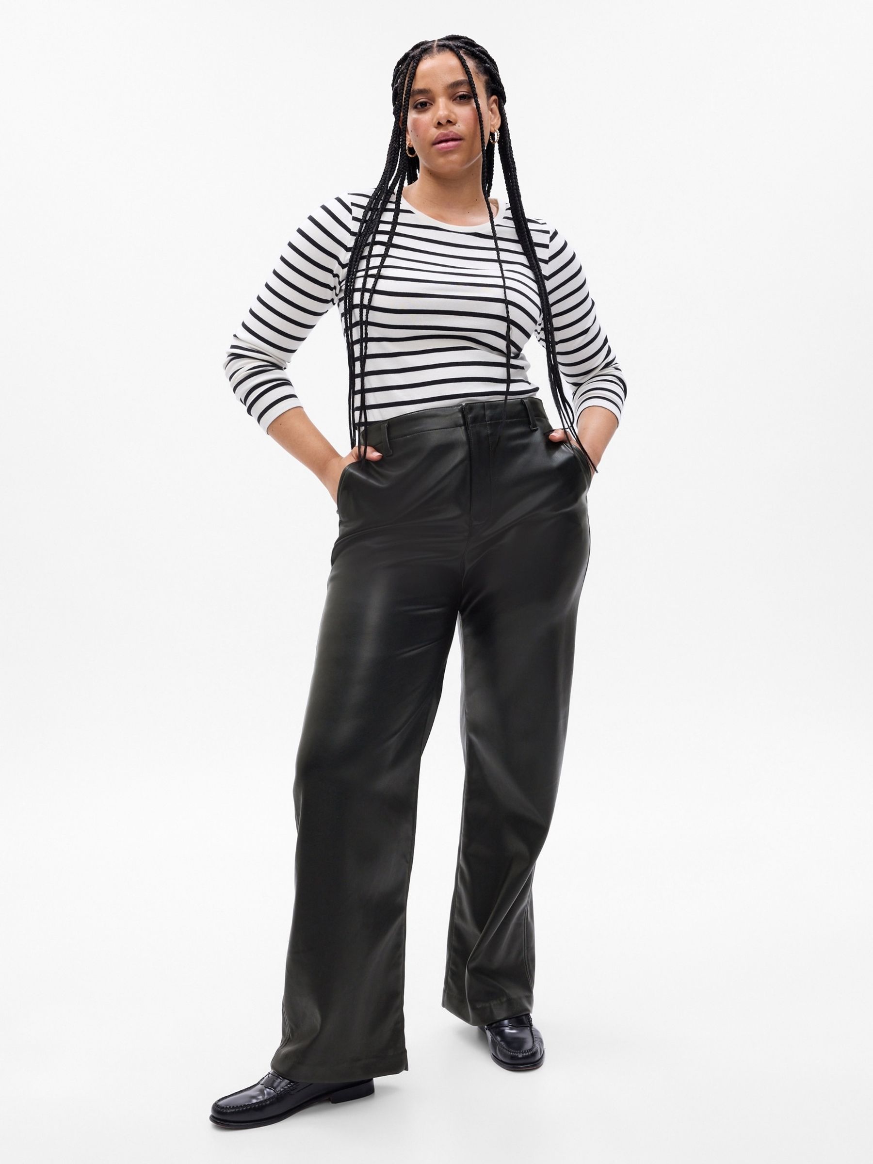 Black Mid Rise Faux-Leather Loose Trousers - Image 1 of 5