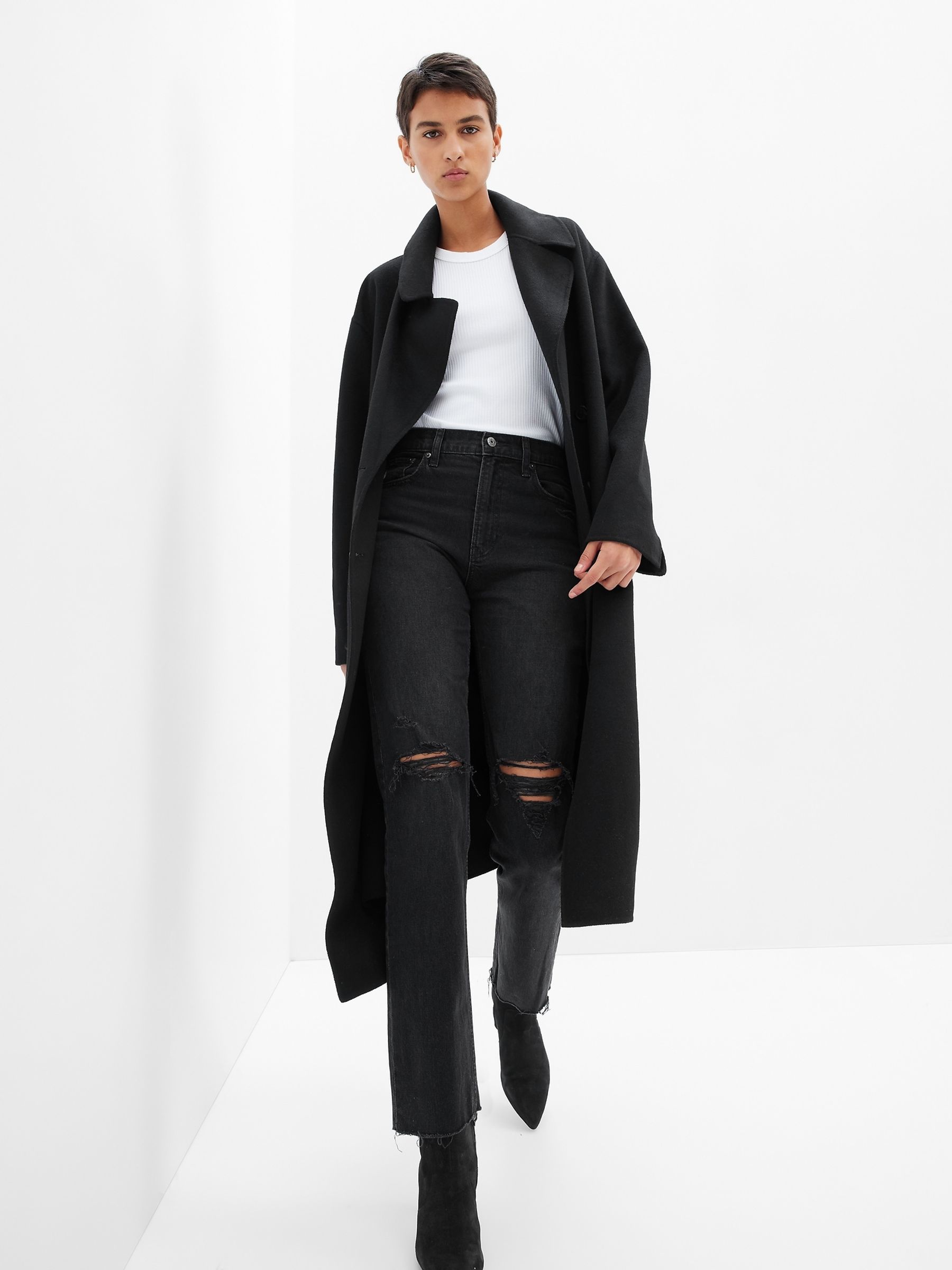 Black High Waisted Ripped Straight Jeans with Washwell - Image 1 of 4