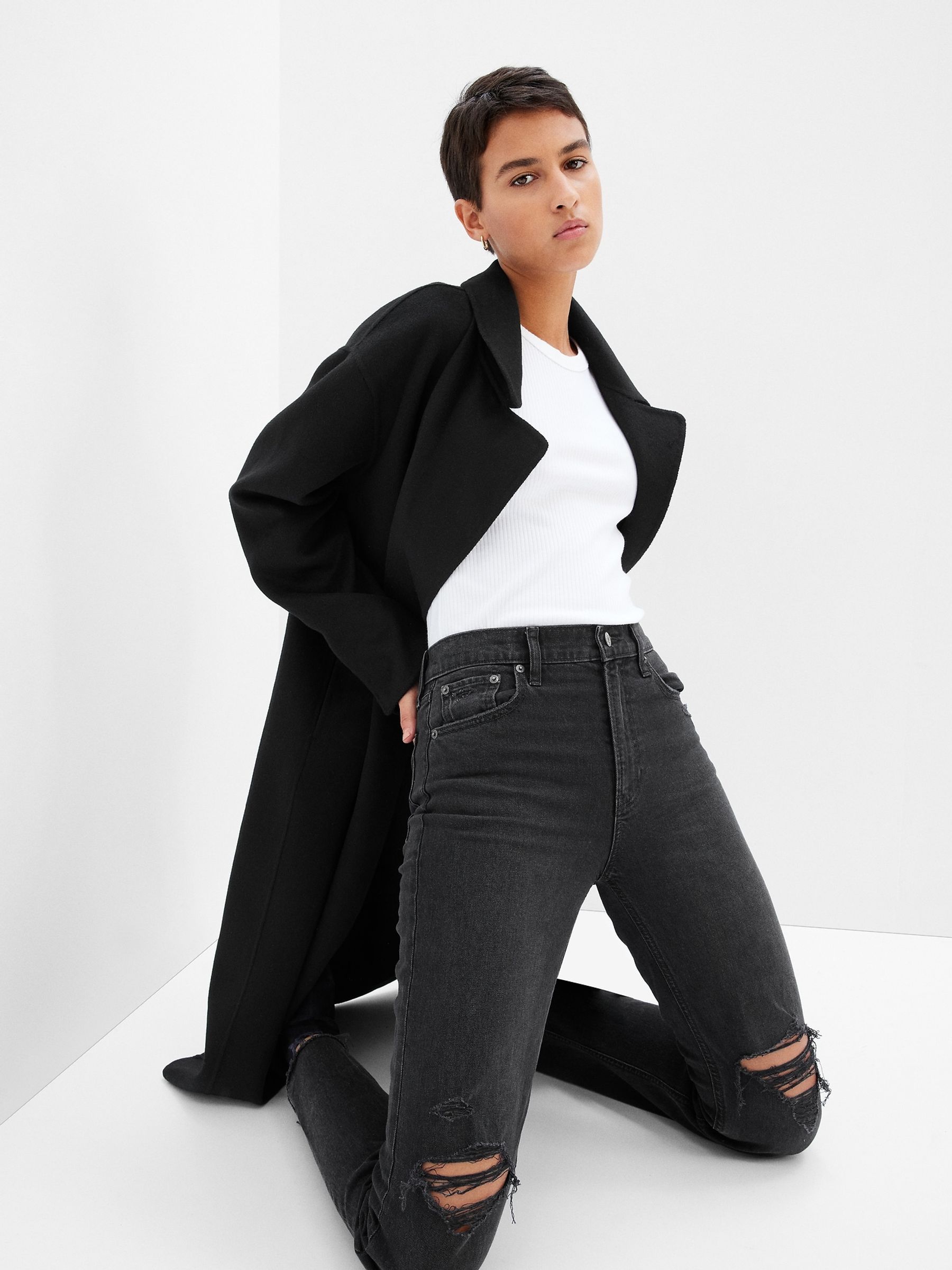 Black High Waisted Ripped Straight Jeans with Washwell - Image 2 of 4