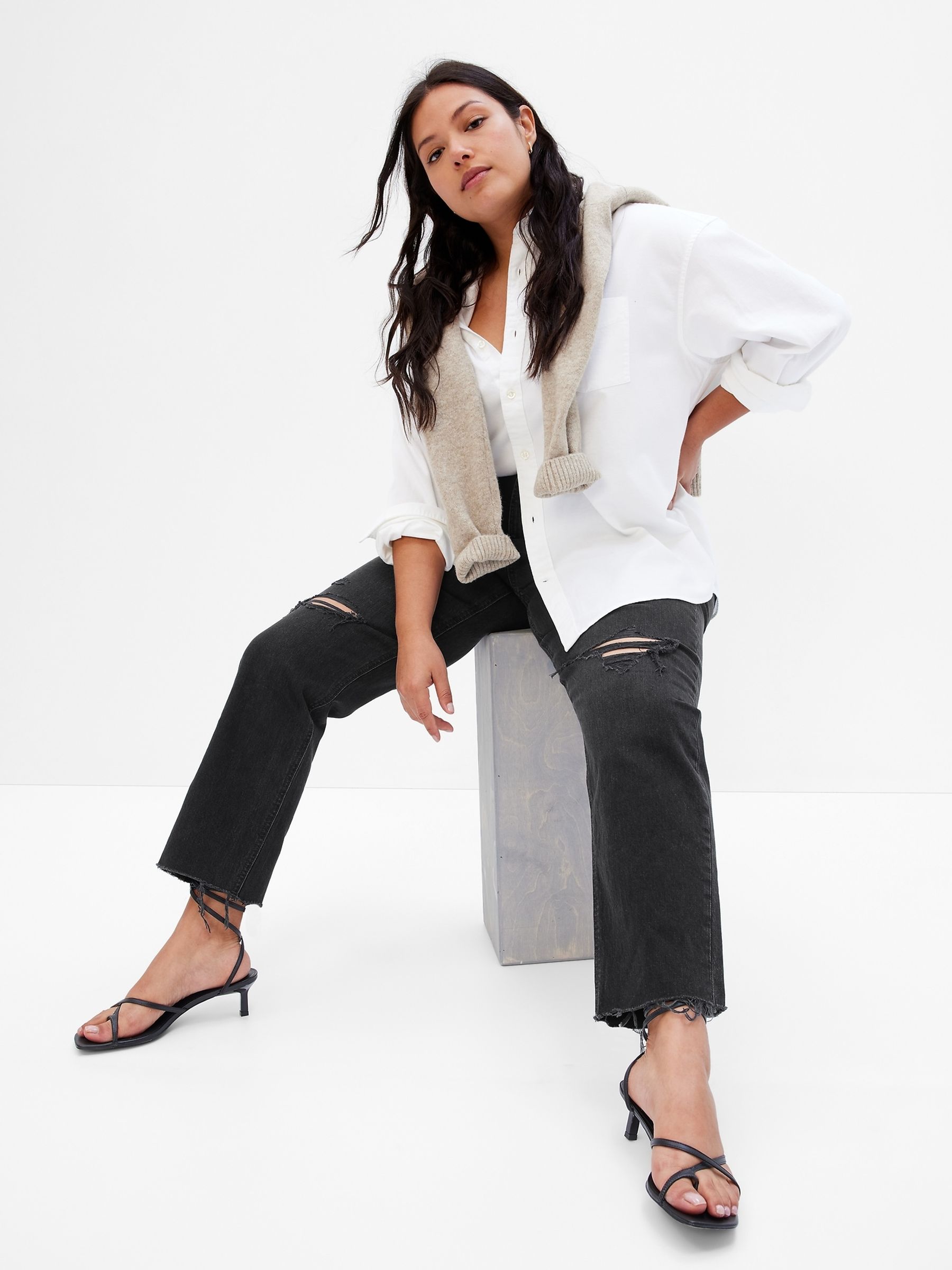 Black High Waisted Ripped Straight Jeans with Washwell - Image 3 of 4
