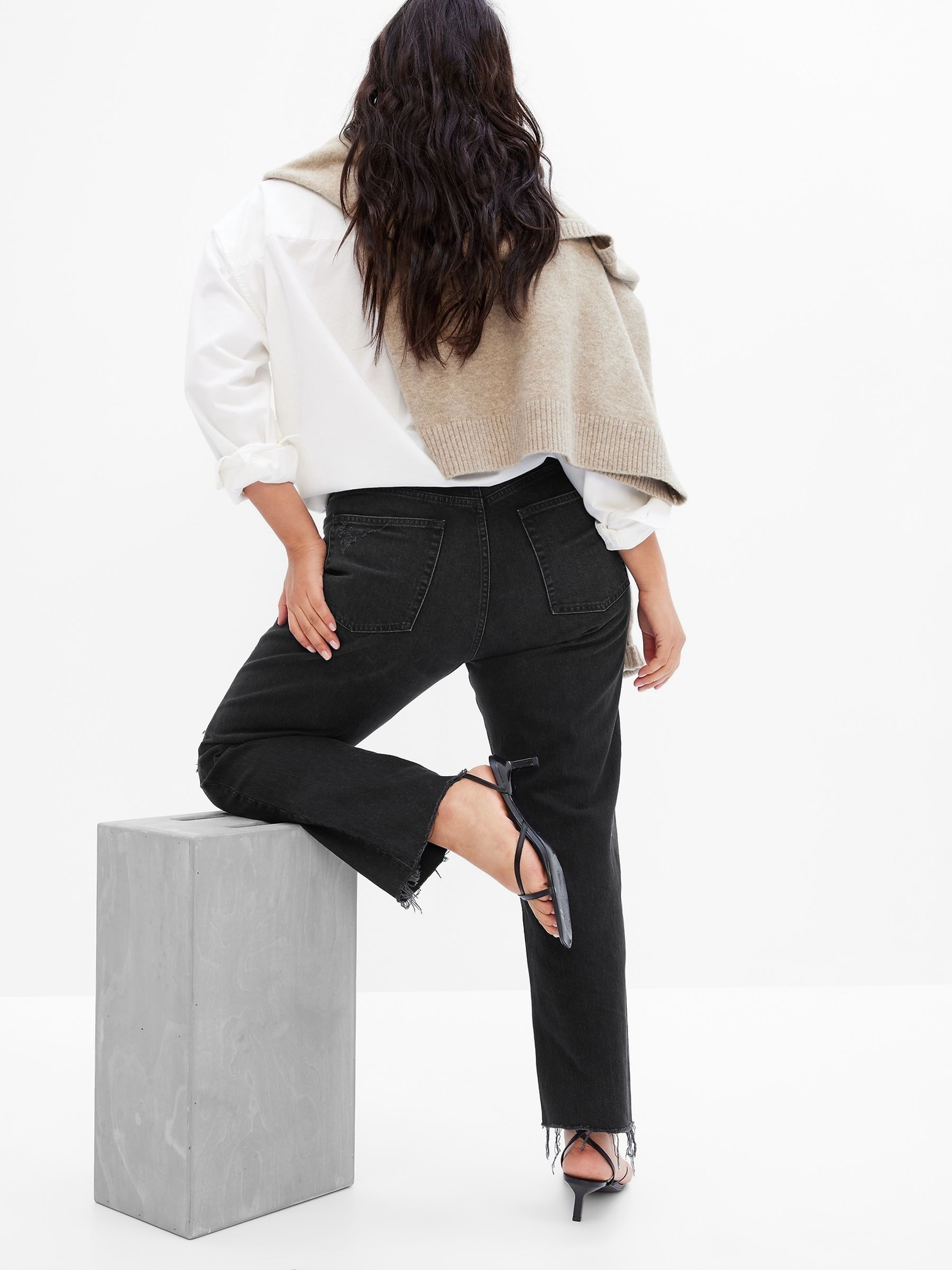 Black High Waisted Ripped Straight Jeans with Washwell - Image 4 of 4