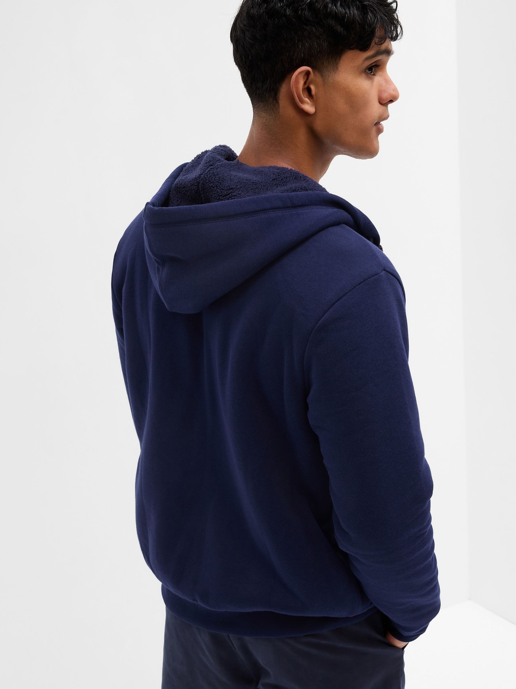 Navy Logo Sherpa-Lined Zip Up Hoodie - Image 2 of 2