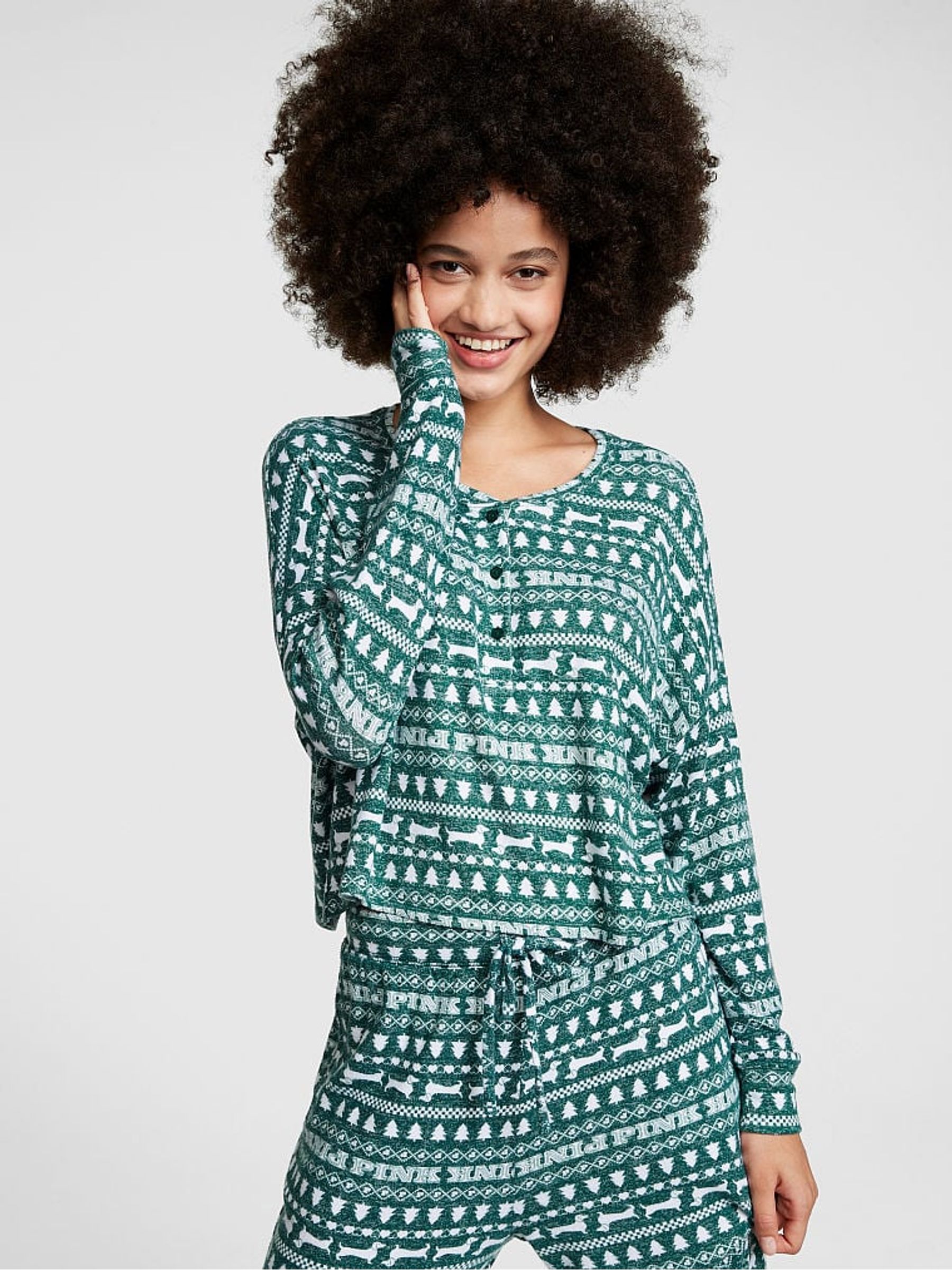 Garnet Green Christmas Print Cosy Long Sleeve Sleep Shirt - Image 1 of 4