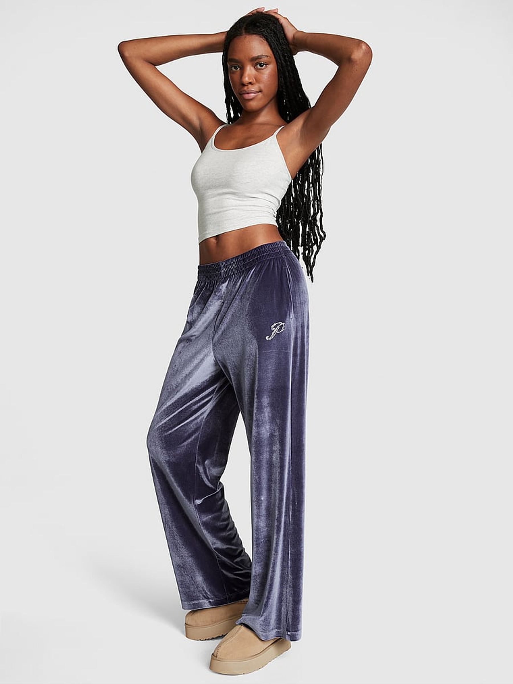 Midnight Navy Blue Velour Wide Leg Logo Jogger - Image 1 of 4
