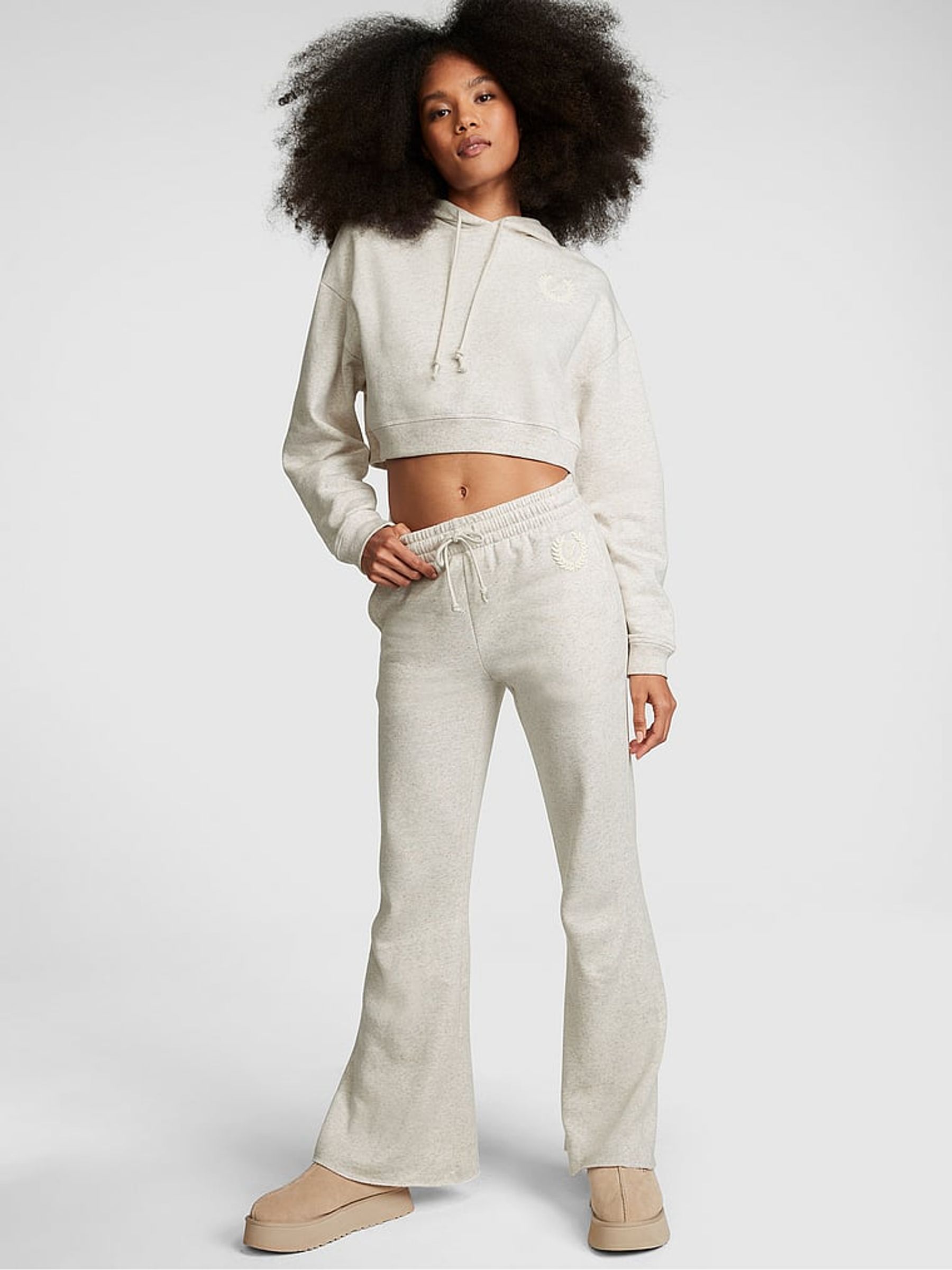Heather Oatmeal Beige Fleece Wide Leg High Waist Jogger - Image 1 of 4