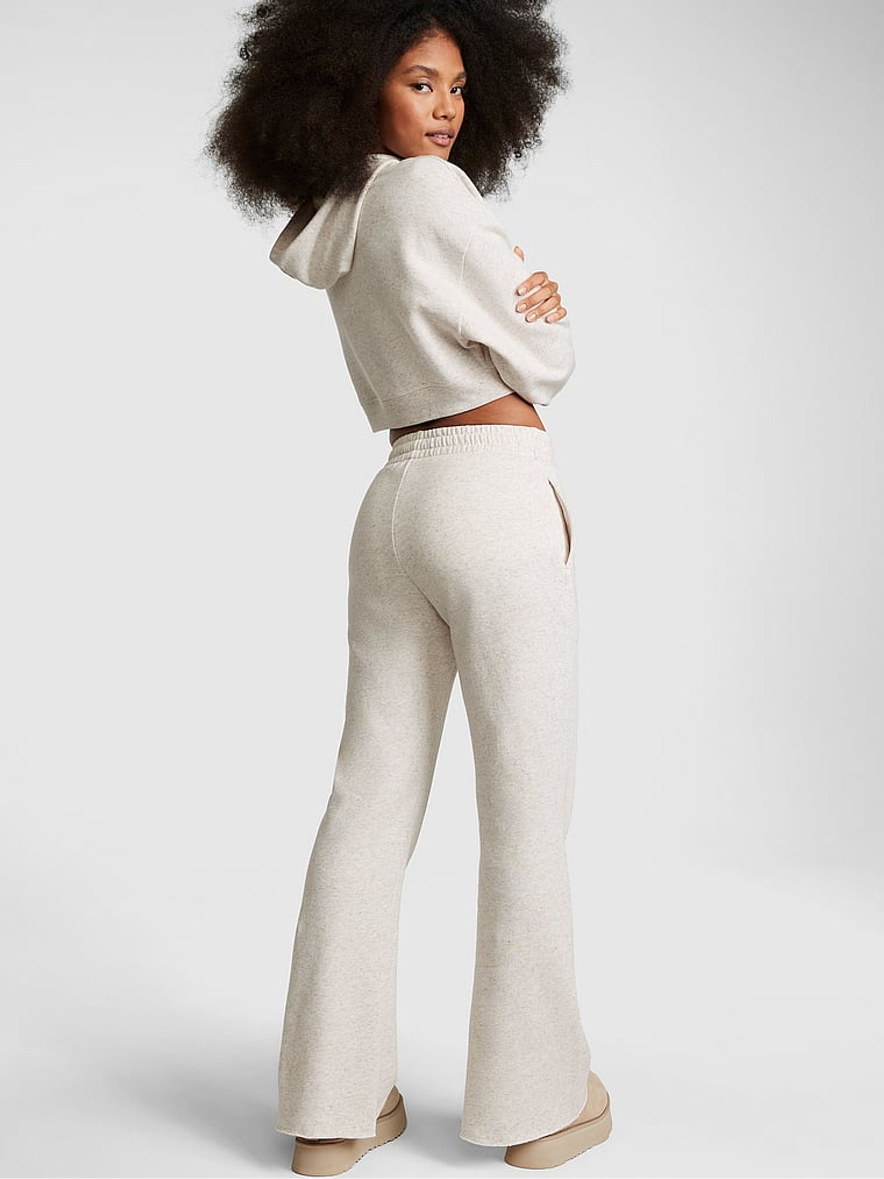 Heather Oatmeal Beige Fleece Wide Leg High Waist Jogger - Image 2 of 4