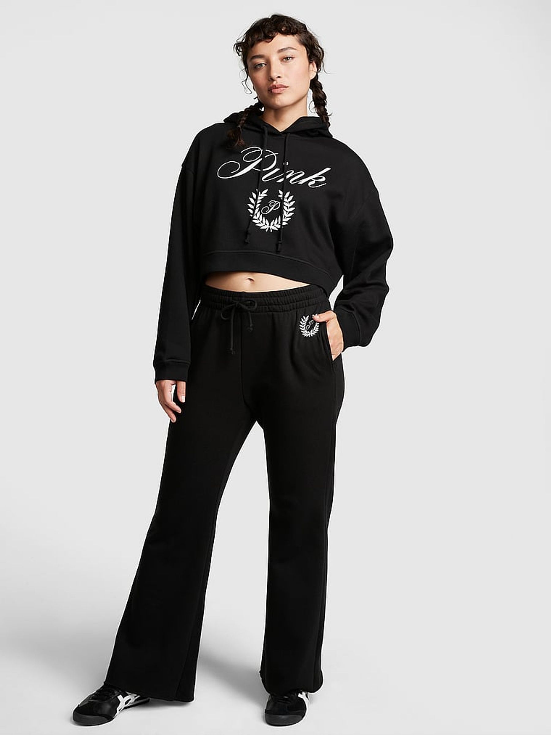 Pure Black Fleece Wide Leg High Waist Jogger - Image 1 of 3