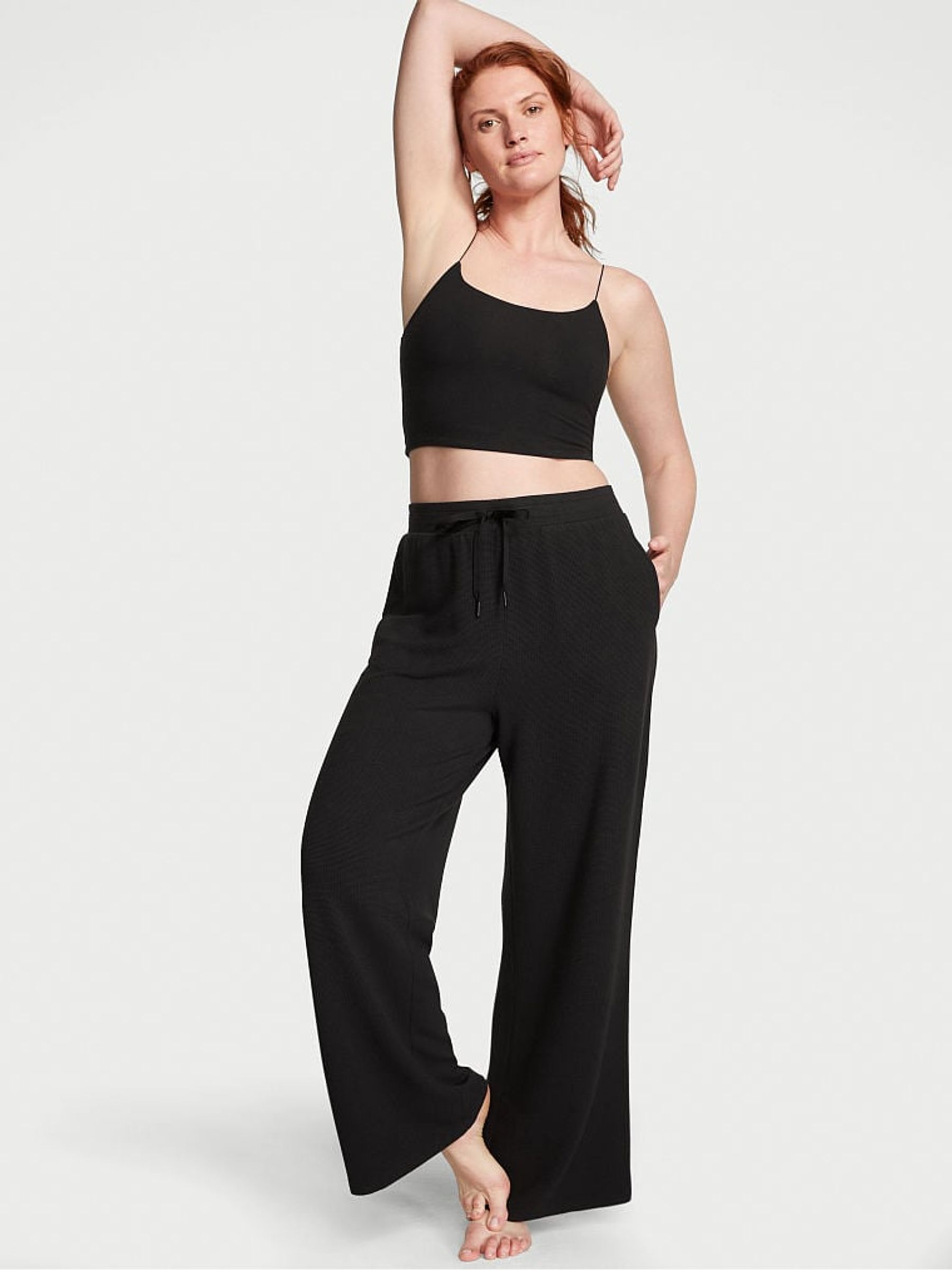 Pure Black Double Knit Waffle Wide Leg Jogger - Image 1 of 1