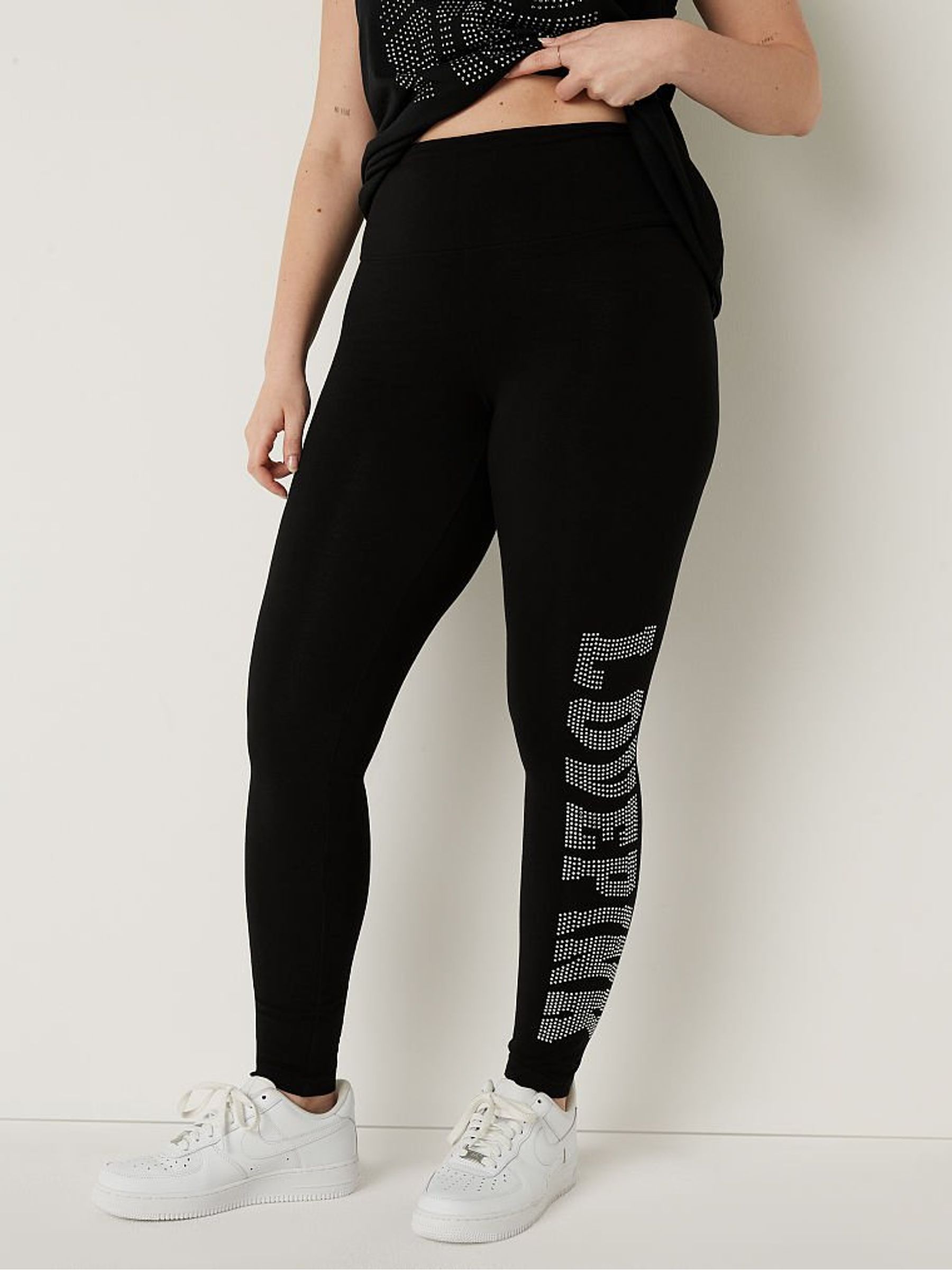 Pure Black With Wavy Diamonte Cotton High Waist  Leggings - Image 1 of 1