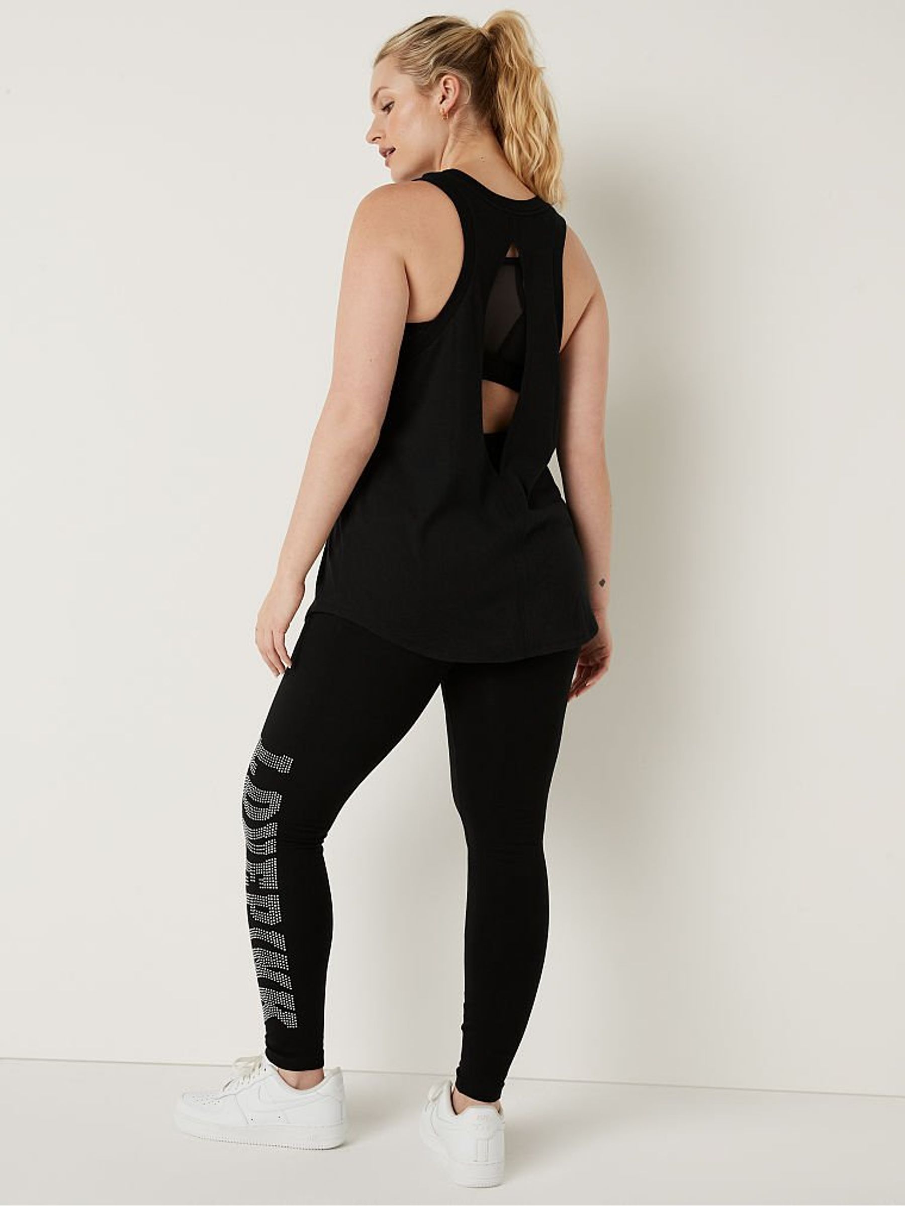 Pure Black With Wavy Diamonte Cotton High Waist  Leggings - Image 2 of 4