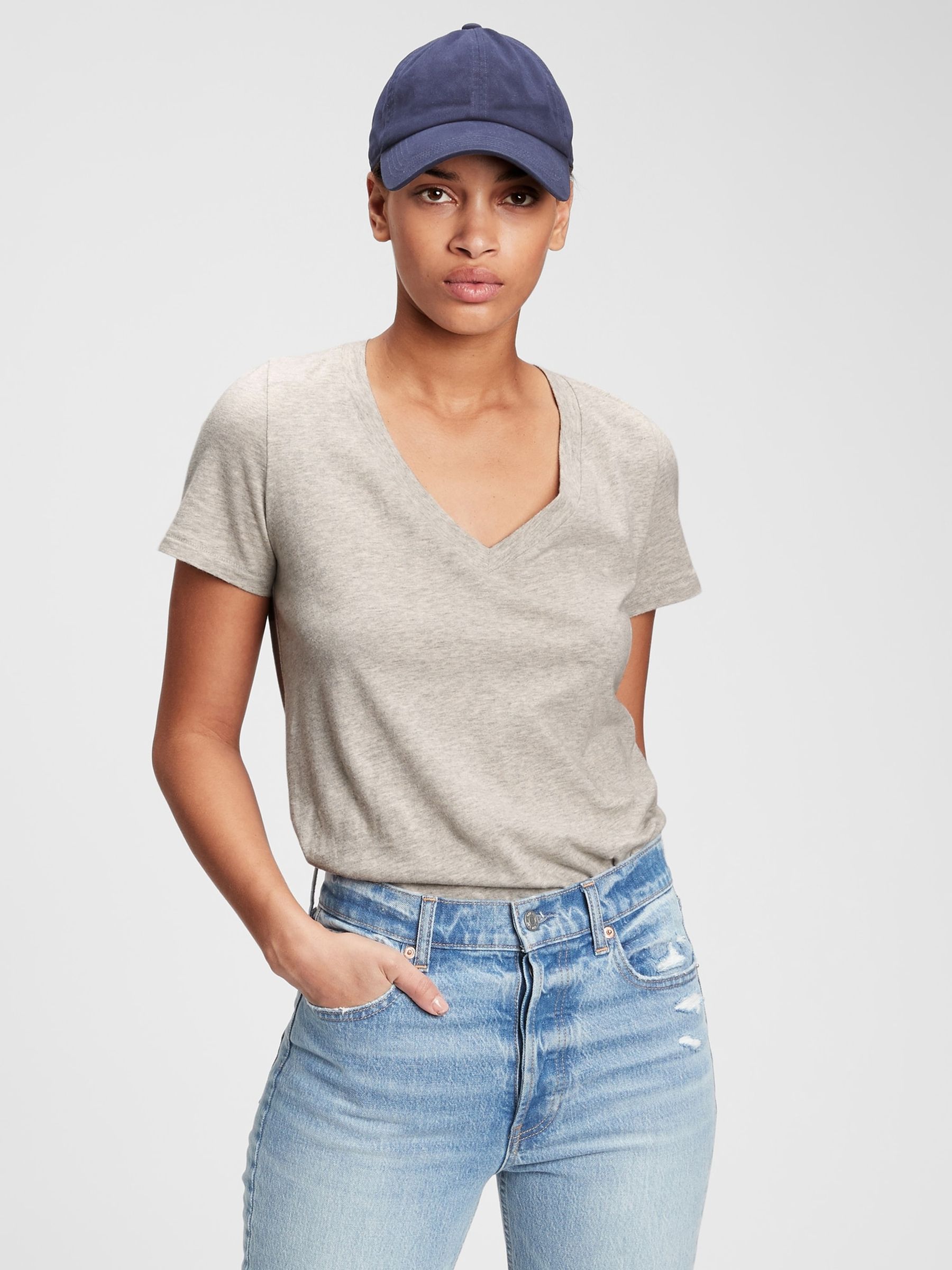 Grey Vintage 100% Organic Cotton V Neck Short Sleeve T-Shirt - Image 1 of 4