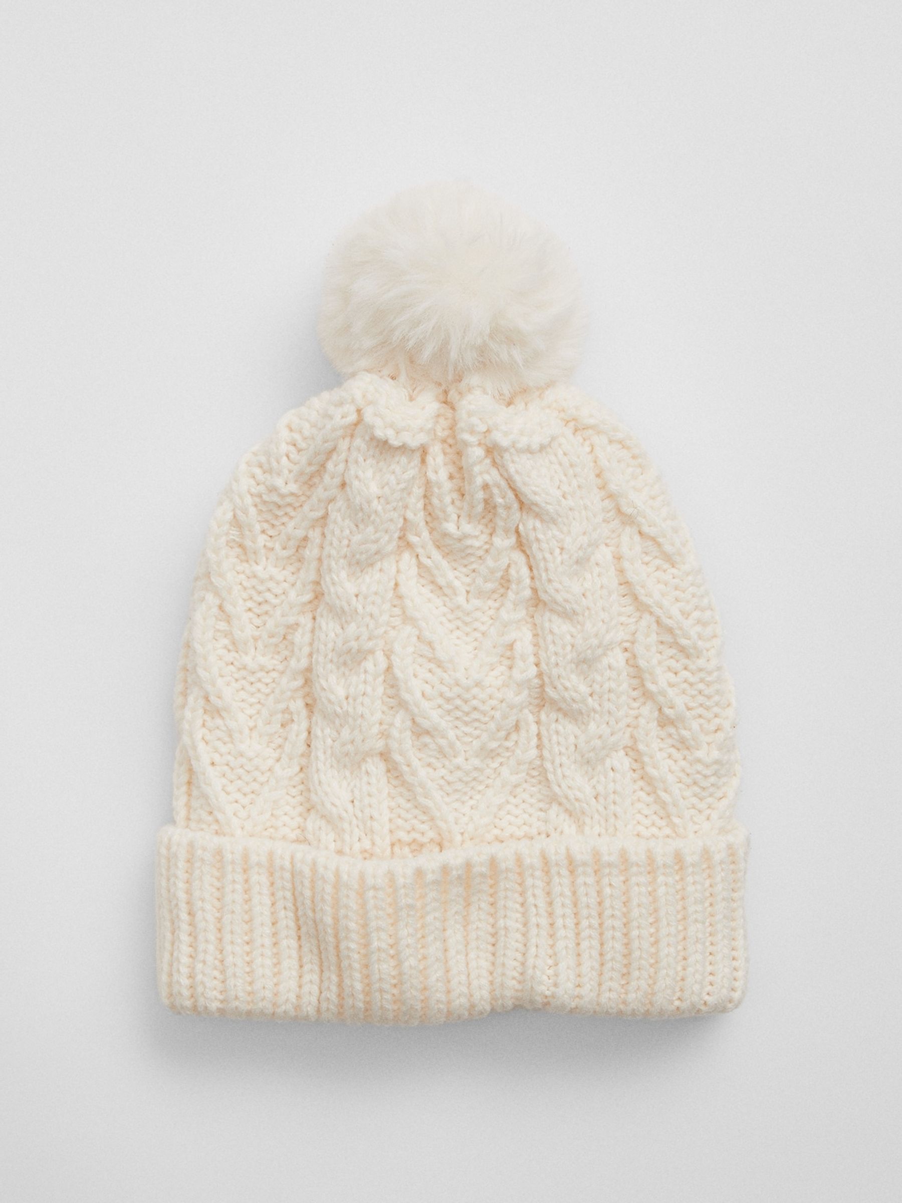 White Kids Cable-Knit Pom Beanie - Image 1 of 1