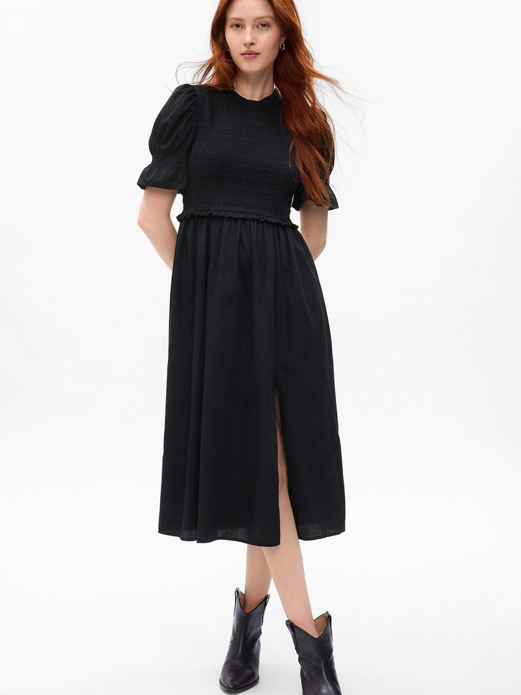 Black Puff Sleeve Smocked Midi Dress - Image 1 of 5