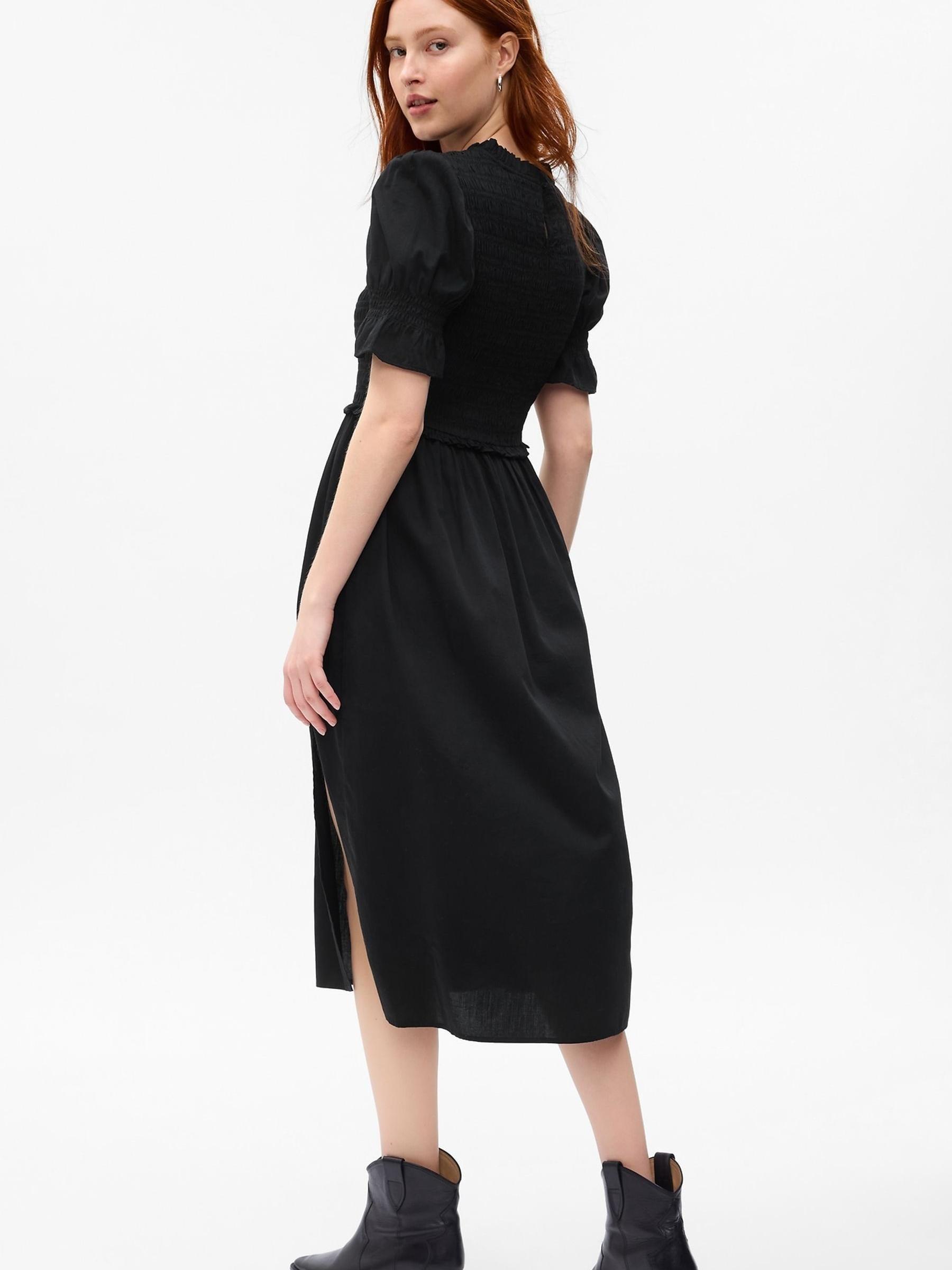 Black Puff Sleeve Smocked Midi Dress - Image 2 of 5