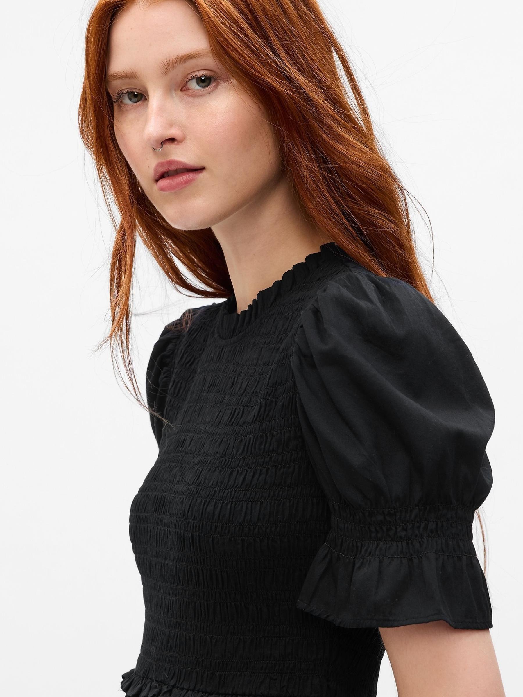 Black Puff Sleeve Smocked Midi Dress - Image 3 of 5