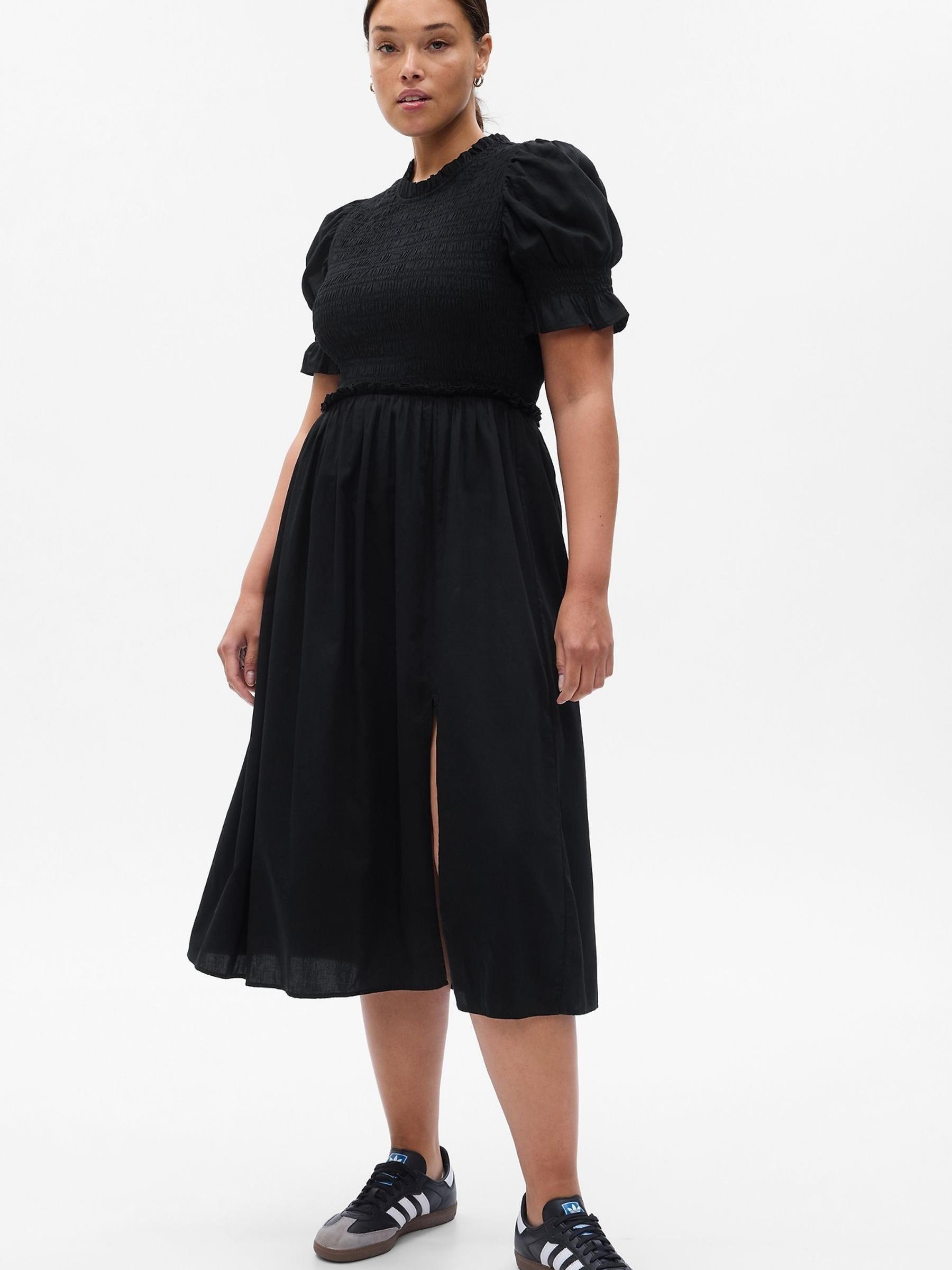 Black Puff Sleeve Smocked Midi Dress - Image 4 of 5