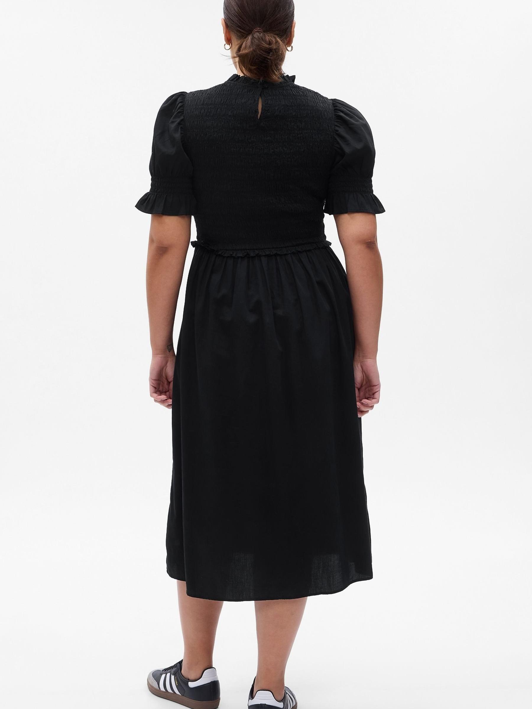 Black Puff Sleeve Smocked Midi Dress - Image 5 of 5