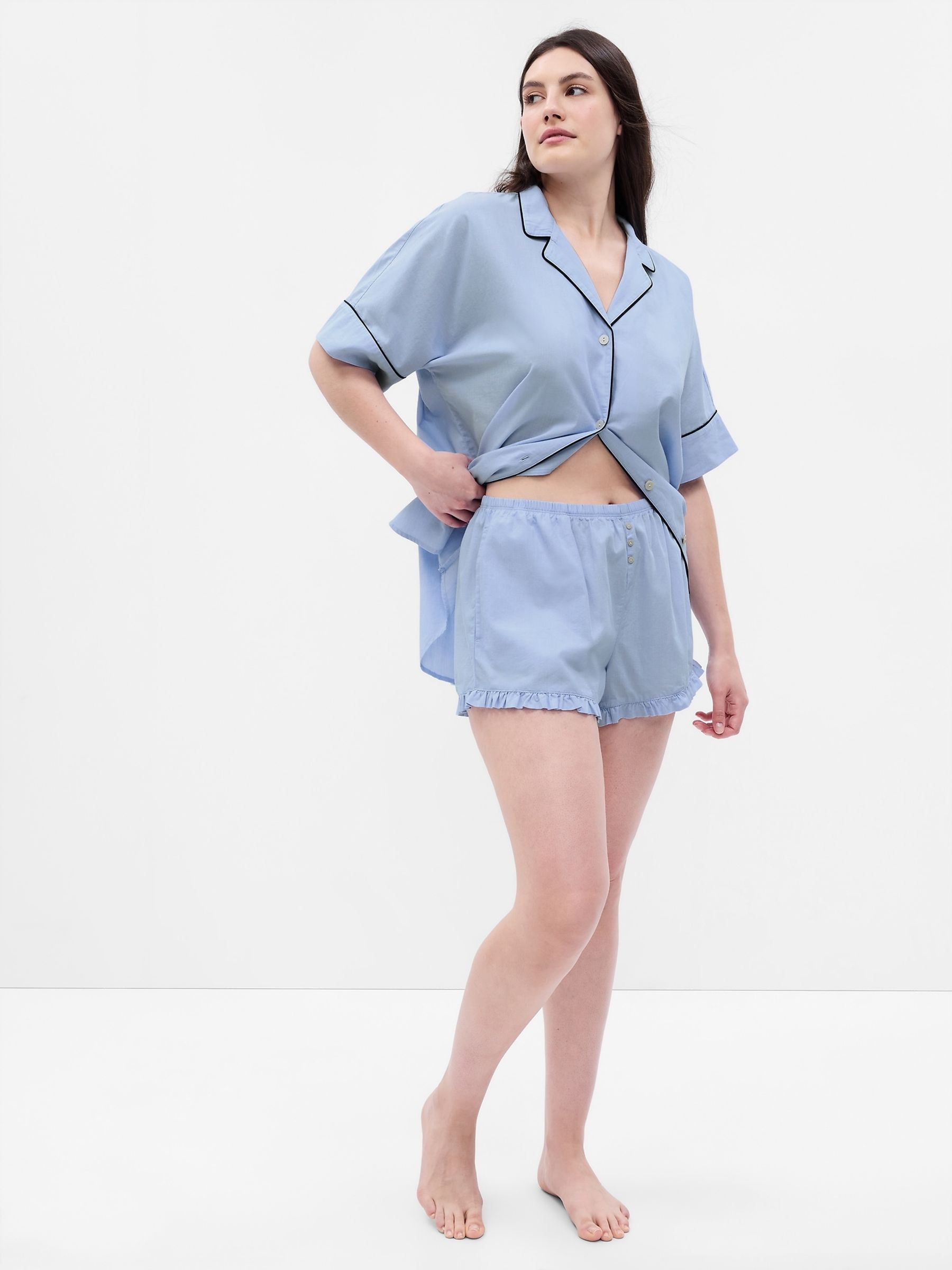 Light Blue Poplin Ruffled Pyjama Shorts - Image 4 of 5