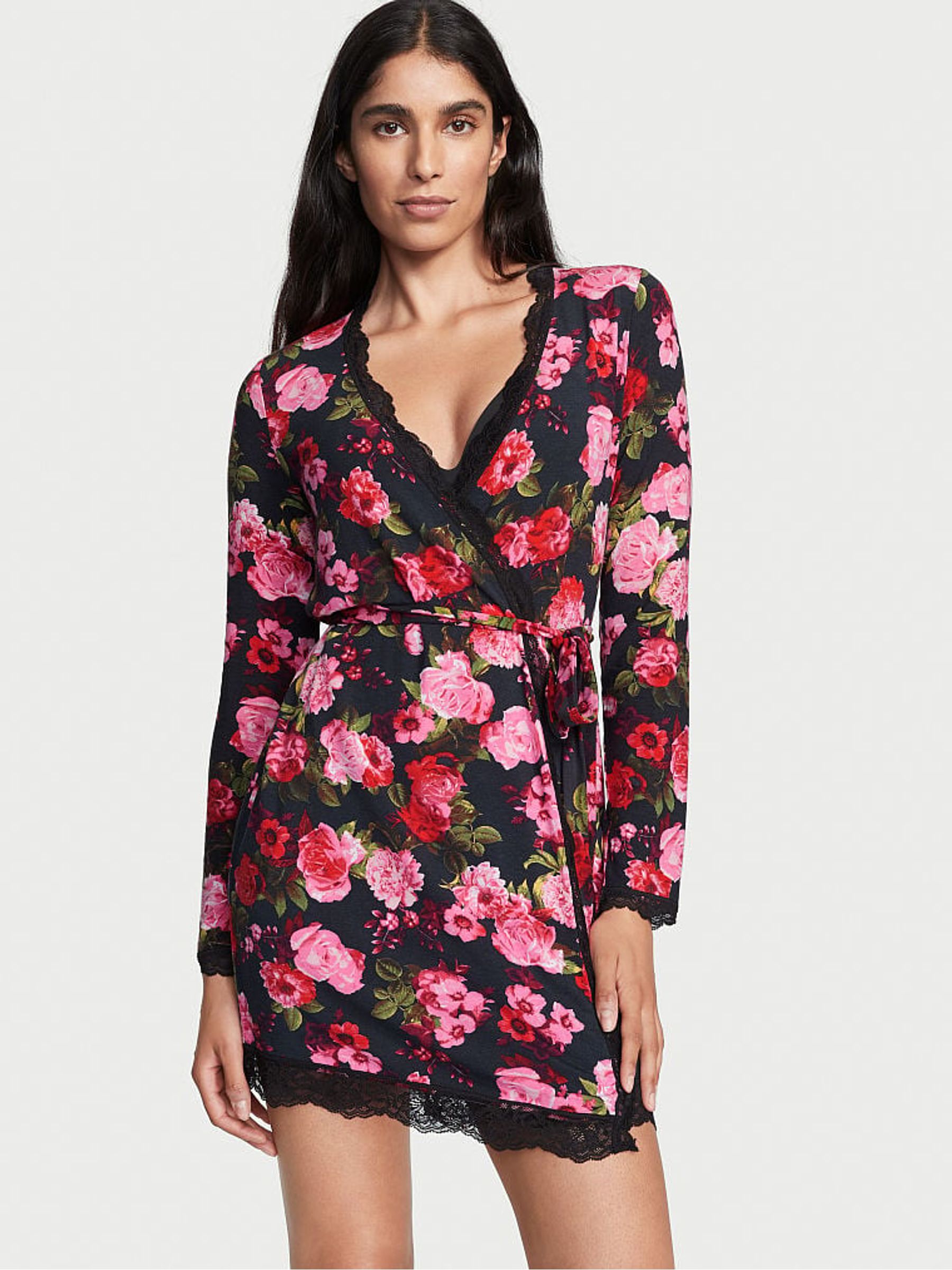 Pretty Rosey Floral Black Modal Lace Trim Robe - Image 1 of 4