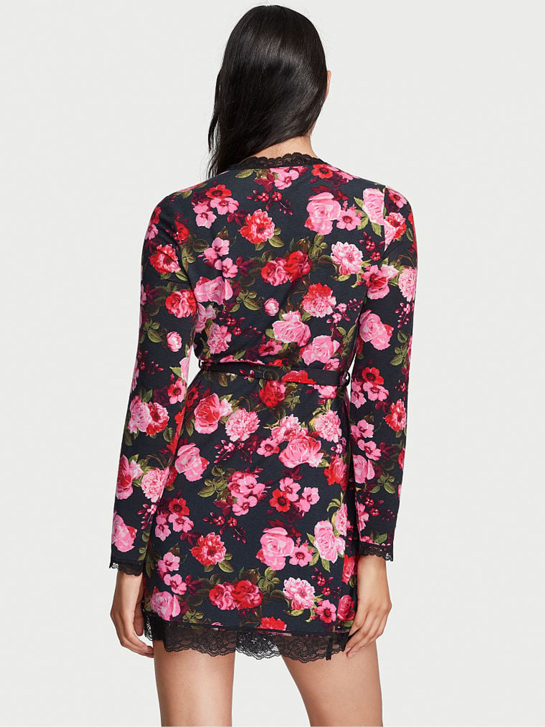 Pretty Rosey Floral Black Modal Lace Trim Robe - Image 2 of 4