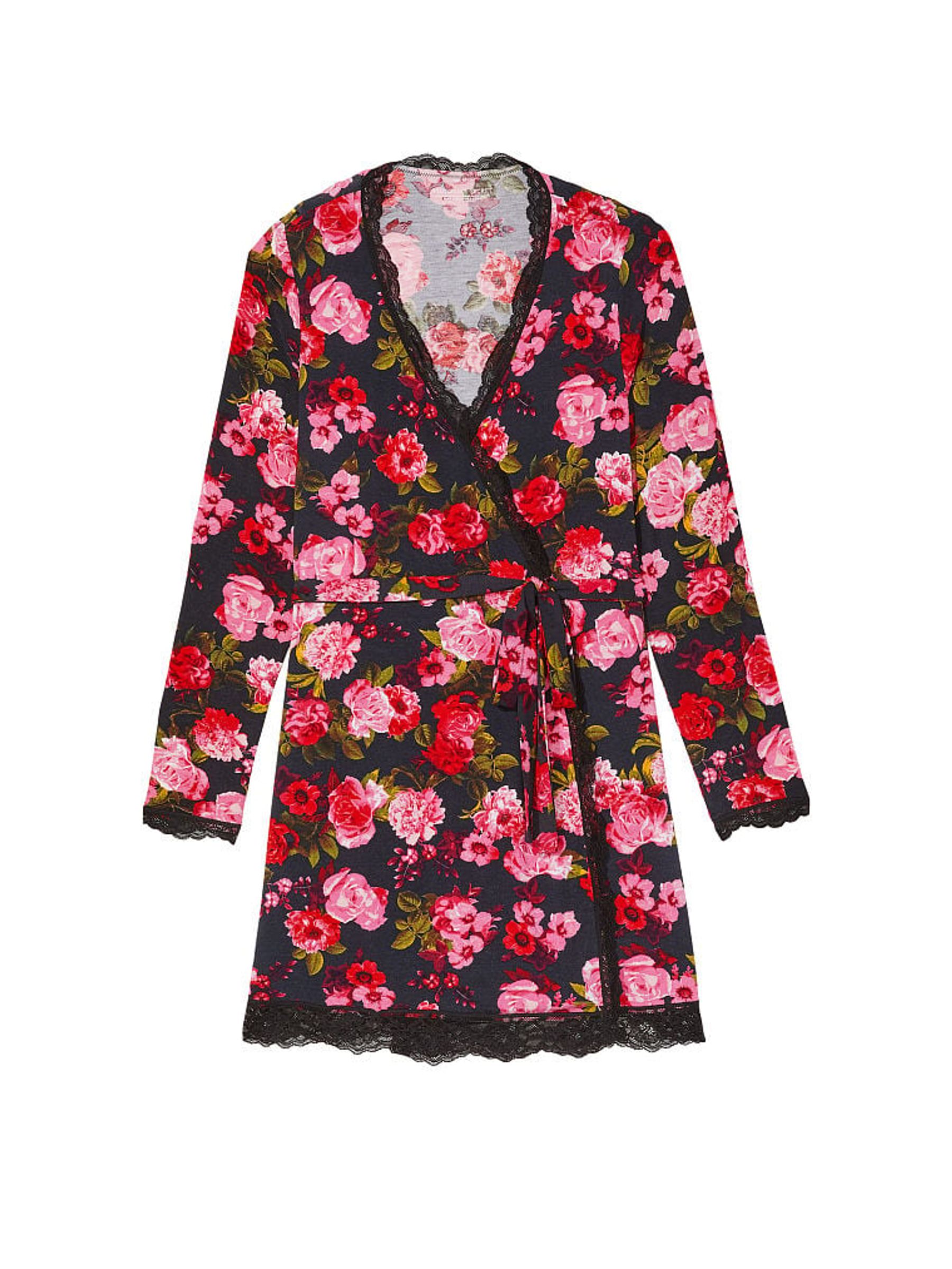 Pretty Rosey Floral Black Modal Lace Trim Robe - Image 4 of 4