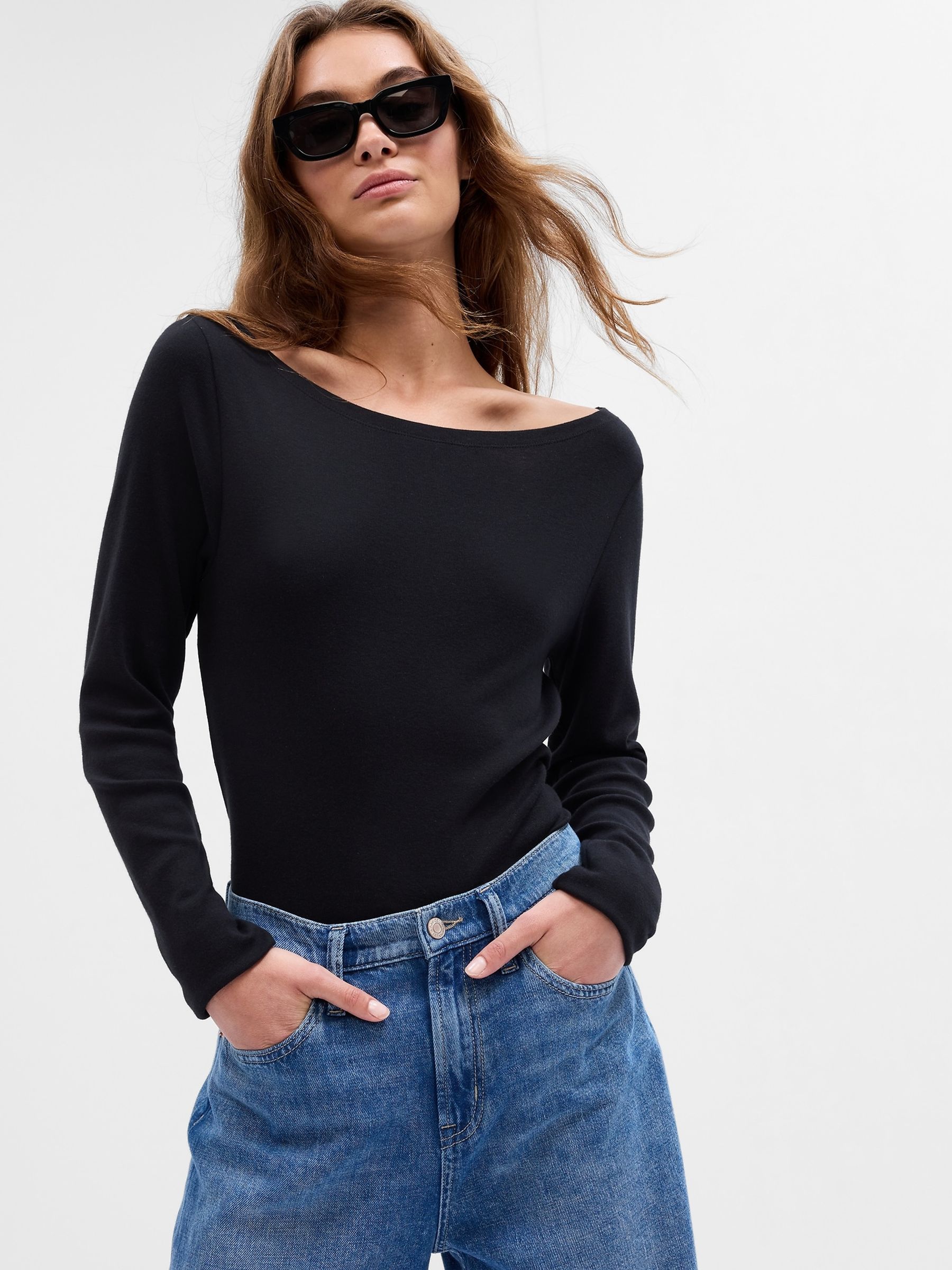 Black Boat Neck Long Sleeve T-Shirt - Image 1 of 2