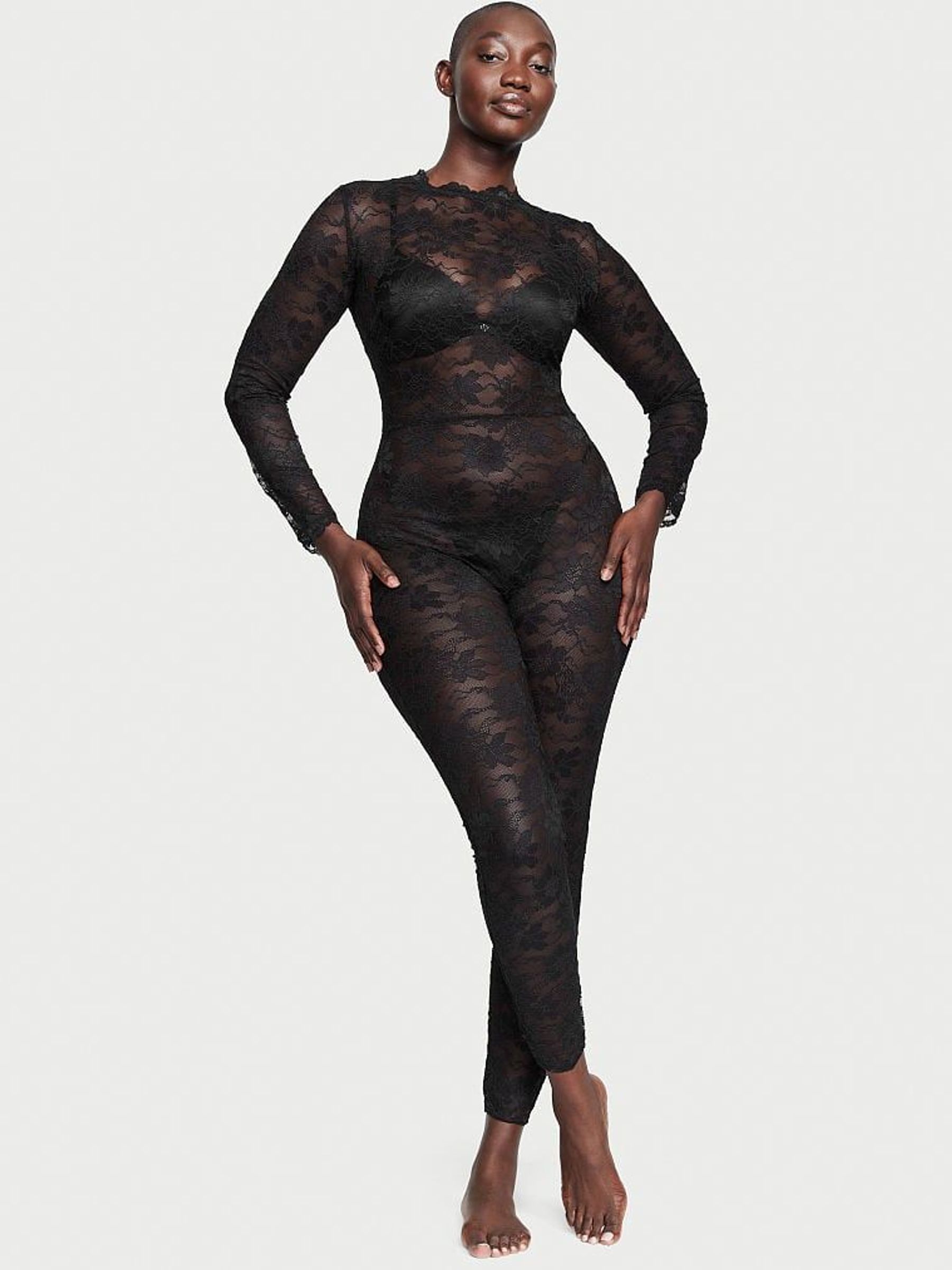 Black Sheer Lace Catsuit - Image 1 of 3