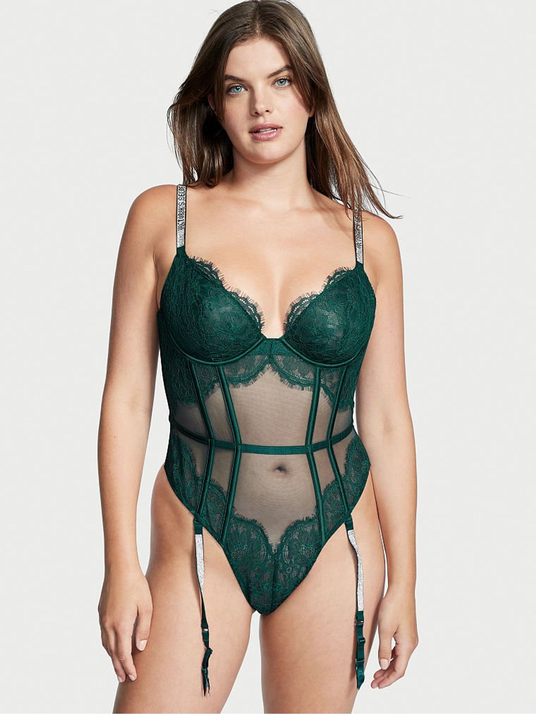 Deepest Green Shine Strap Lace Bodysuit - Image 1 of 1