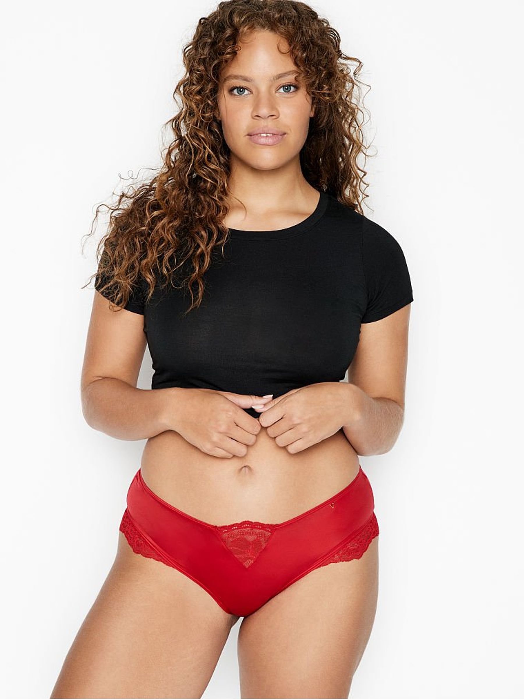Lipstick Red Micro Lace Inset Cheeky Knickers - Image 1 of 3