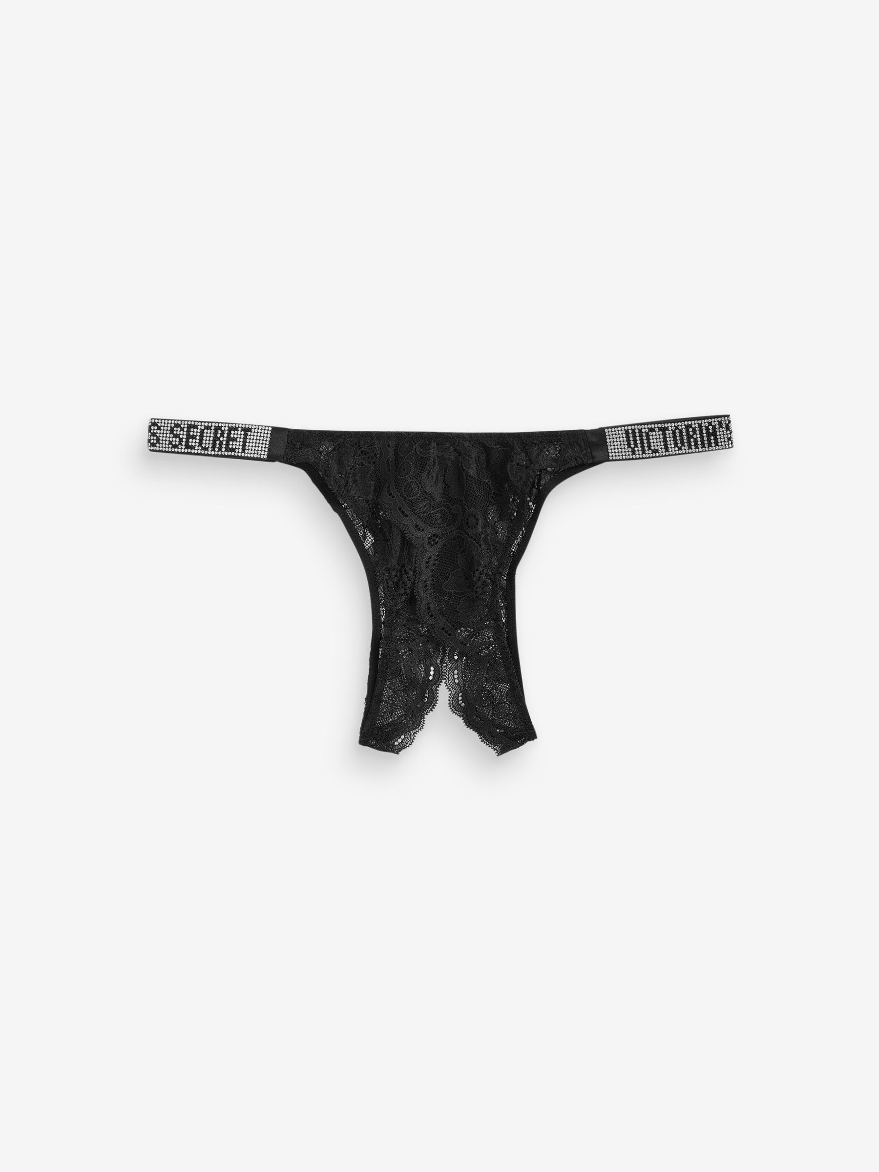 Black Lace Shine Strap Crotchless Brazilian Knickers - Image 3 of 6