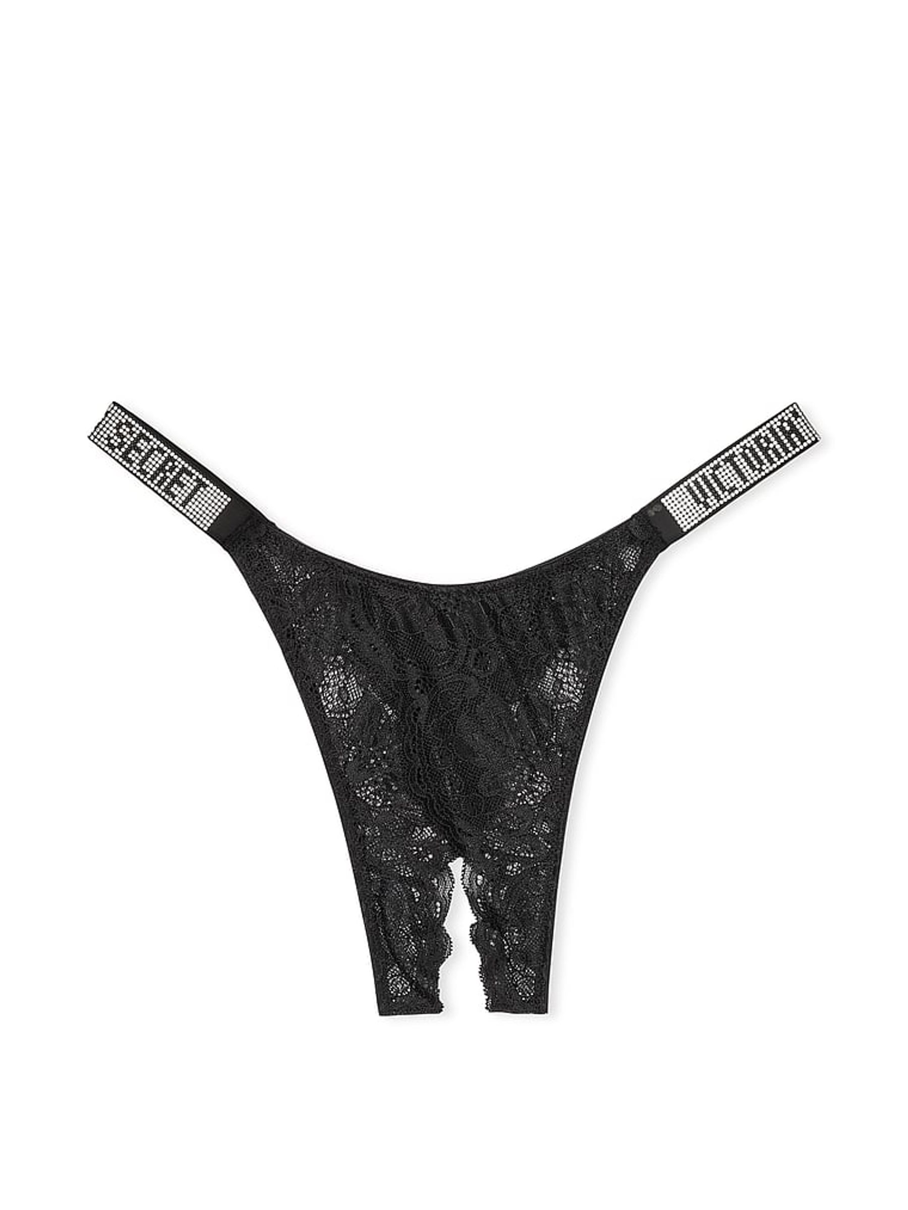 Black Lace Shine Strap Crotchless Brazilian Knickers - Image 4 of 6