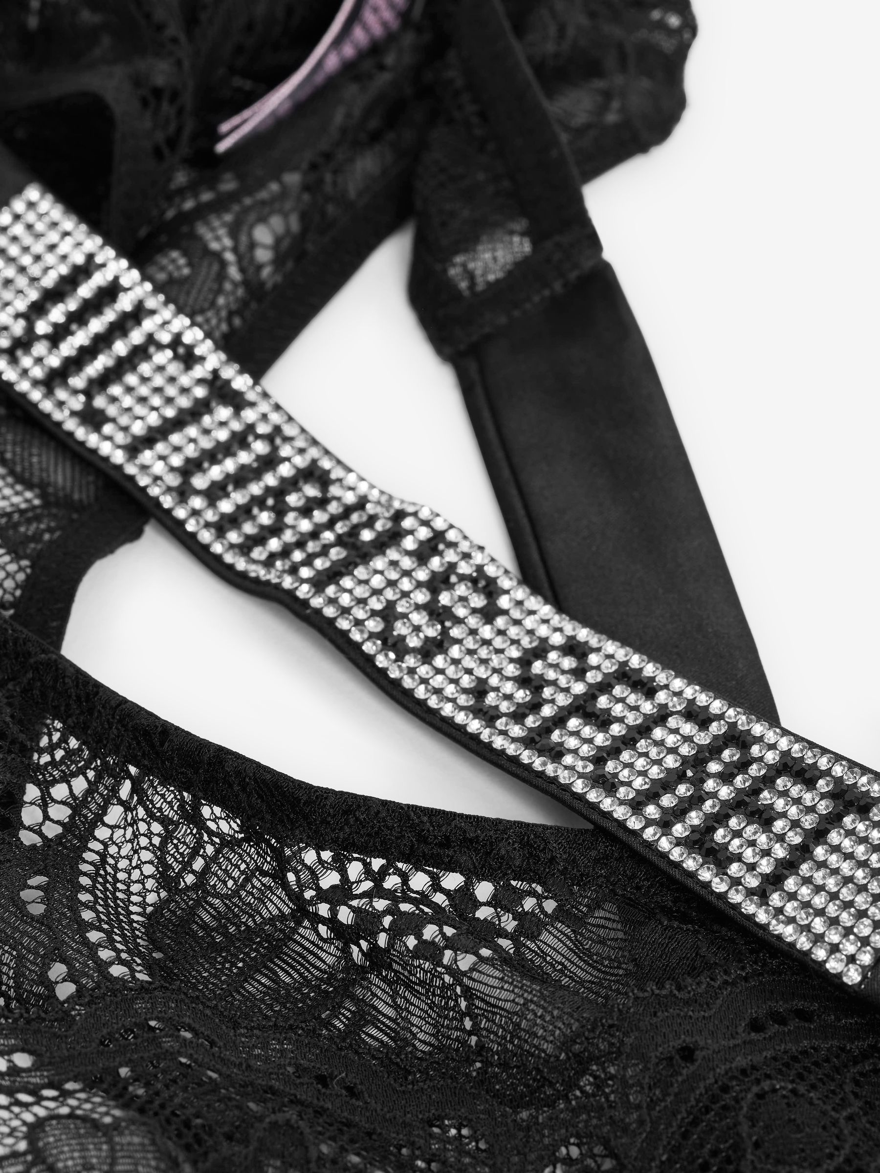 Black Lace Shine Strap Crotchless Brazilian Knickers - Image 6 of 6