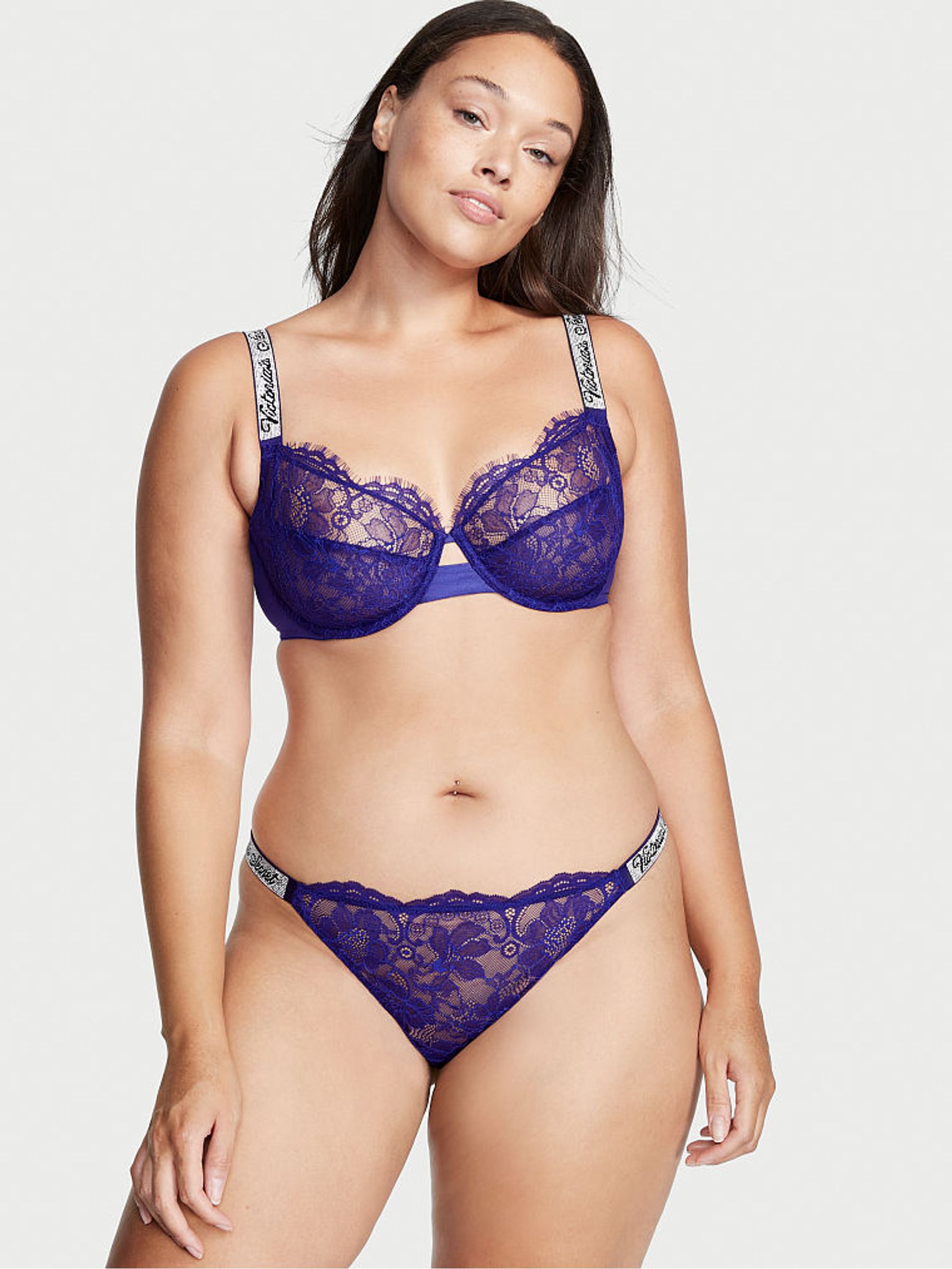 Night Ocean Blue Lace Thong Shine Strap Knickers - Image 2 of 4