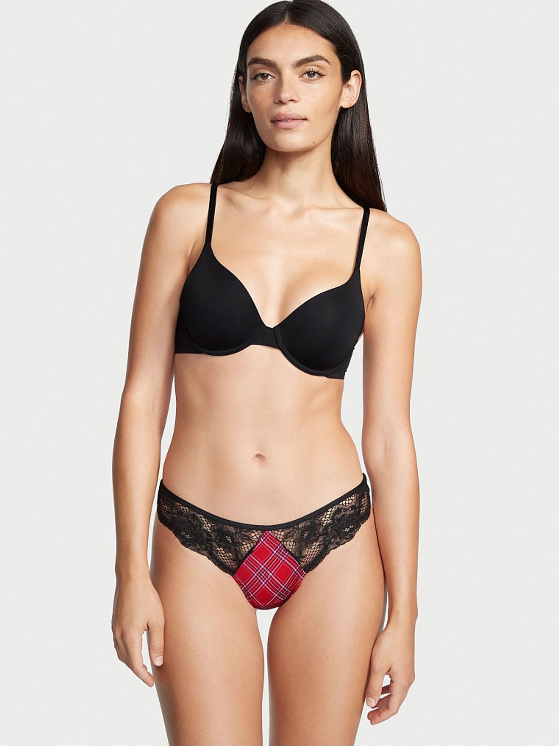 Red Lace Plaid Thong Lace Thong Knickers - Image 2 of 4