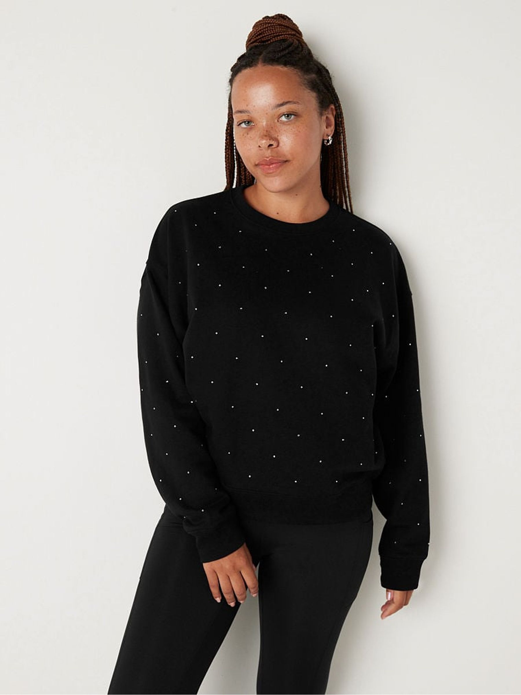 Pure Black Pin Dots Fleece Long Sleeve Sweatshirt - Image 1 of 4