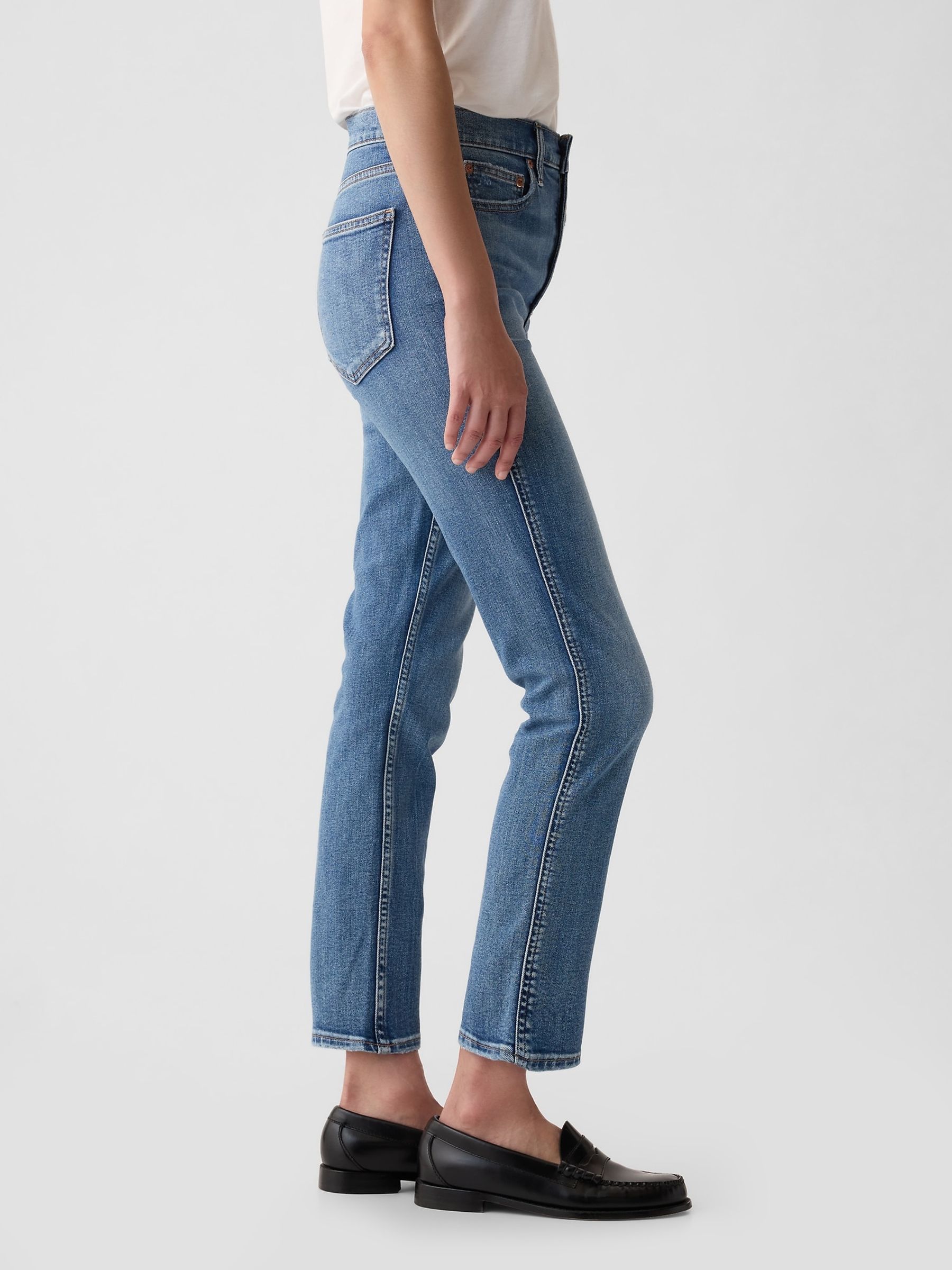 Mid Blue High Waisted  Stretch Ankle Length Vintage Slim Jeans - Image 3 of 4