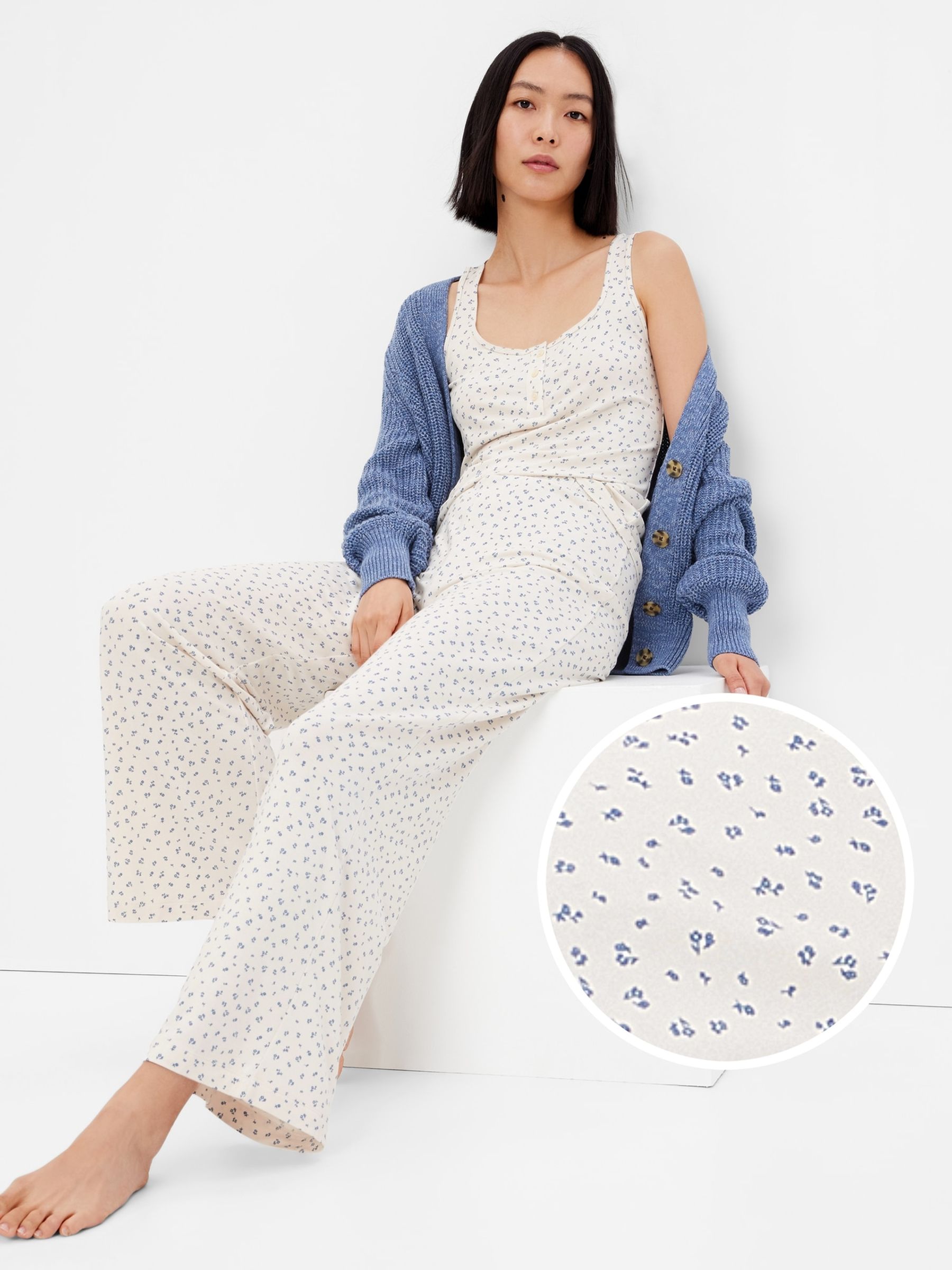 Cream and Blue Floral Print Modal Supersoft Flare Pull-On Trousers - Image 1 of 1