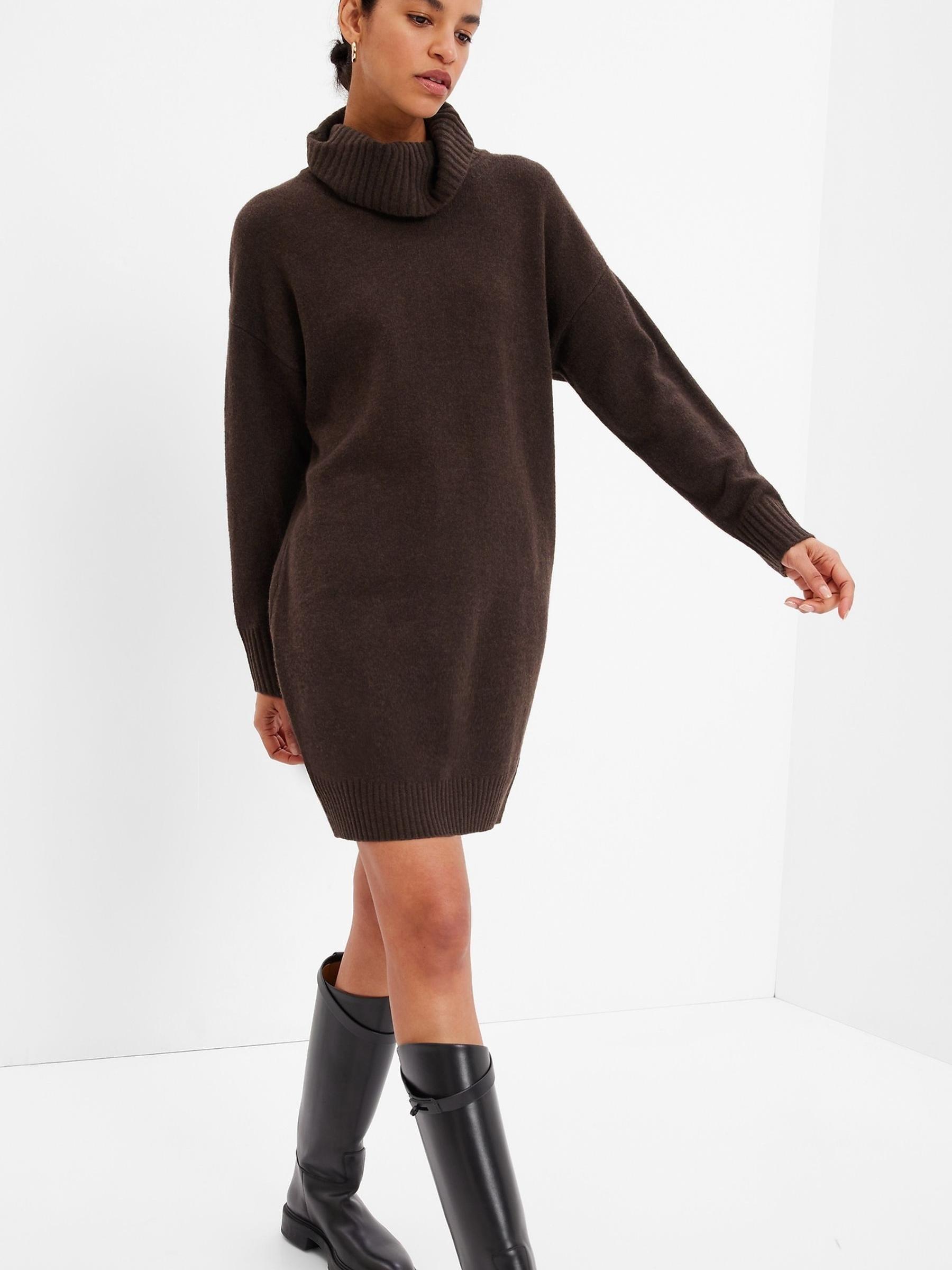 Brown Soft Long Sleeve Mini Turtle-Neck Jumper Dress - Image 1 of 5
