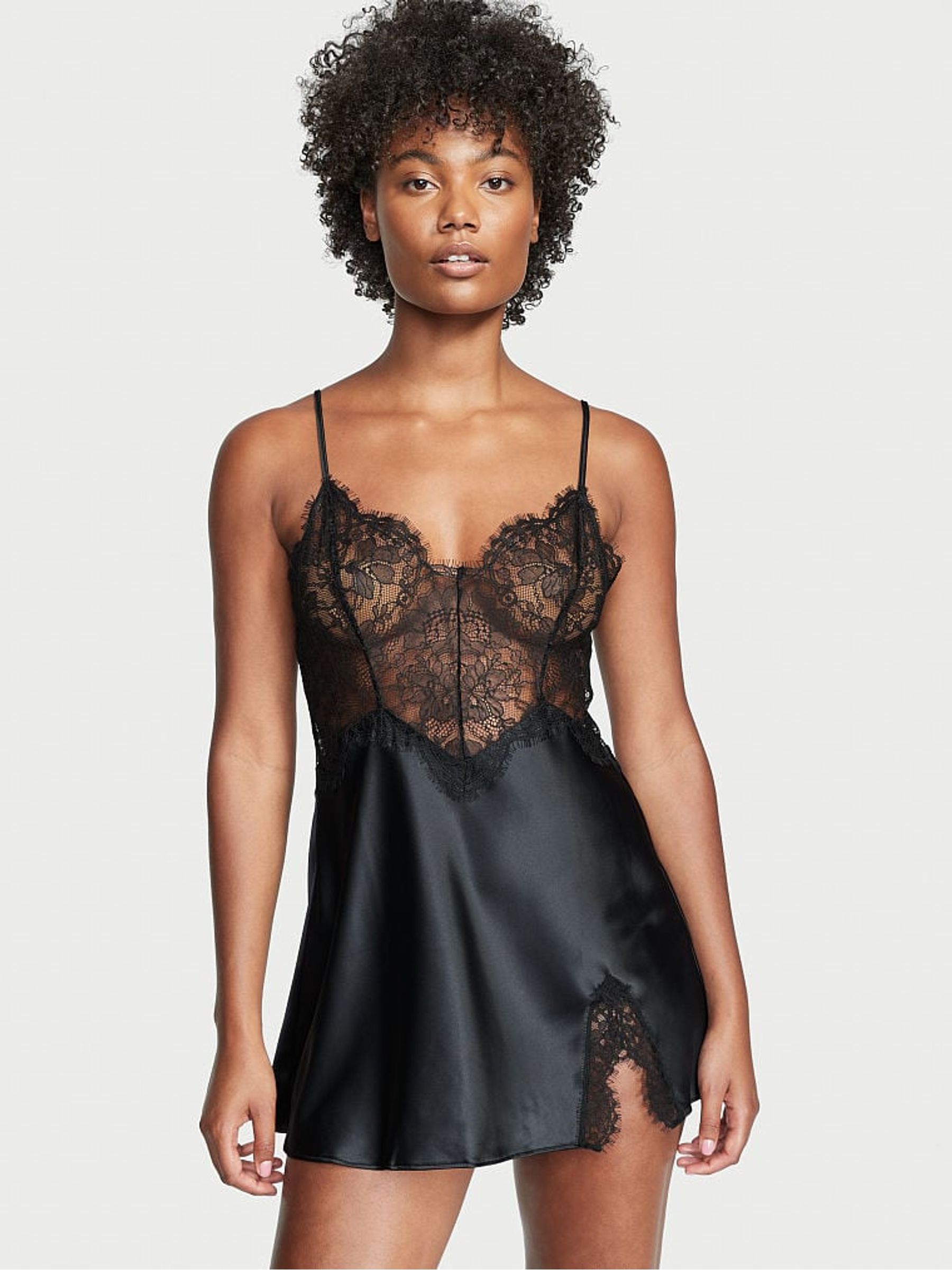 Black Satin Lace Slip Dress - Image 1 of 3